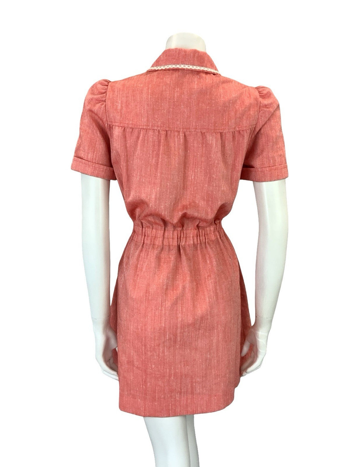 VTG 60S 70S RED WHITE BLACK EMBROIDERED COTTAGE TIE WAIST MINI SHIRT DRESS 10