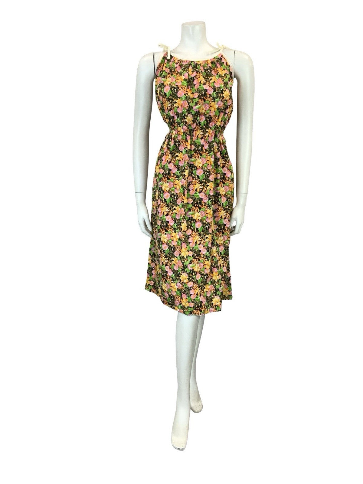 VTG 60S 70S BLACK ORANGE PINK TROPICAL FLORAL ELASTICATED WAIST STRAPPY DRESS 12