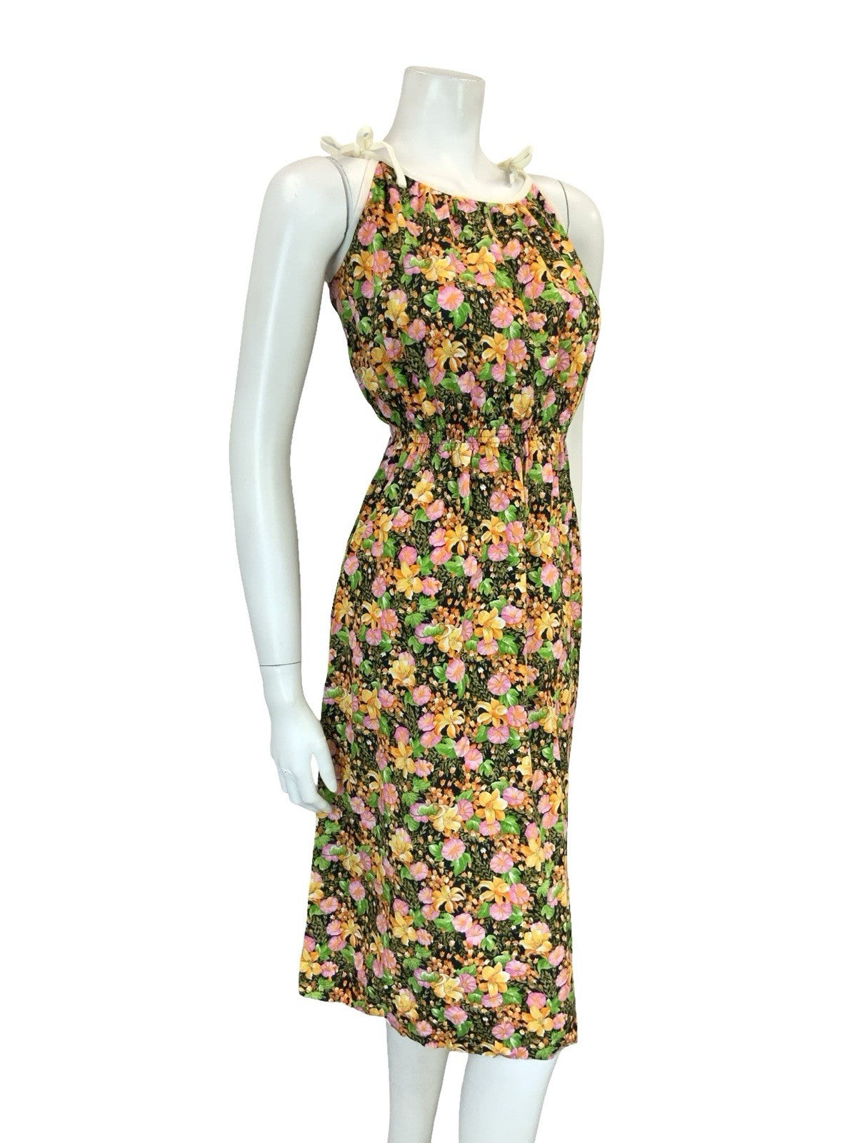 VTG 60S 70S BLACK ORANGE PINK TROPICAL FLORAL ELASTICATED WAIST STRAPPY DRESS 12