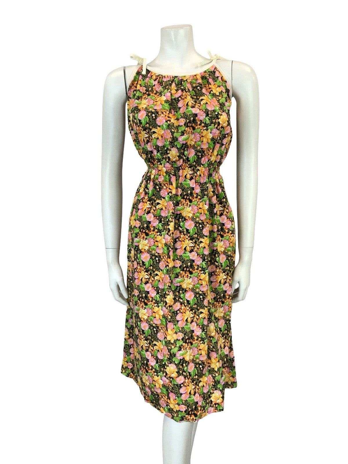 VTG 60S 70S BLACK ORANGE PINK TROPICAL FLORAL ELASTICATED WAIST STRAPPY DRESS 12