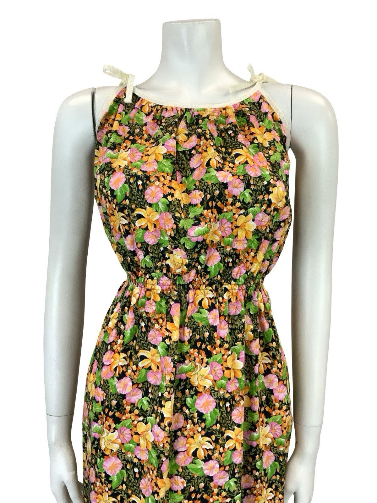 VTG 60S 70S BLACK ORANGE PINK TROPICAL FLORAL ELASTICATED WAIST STRAPPY DRESS 12