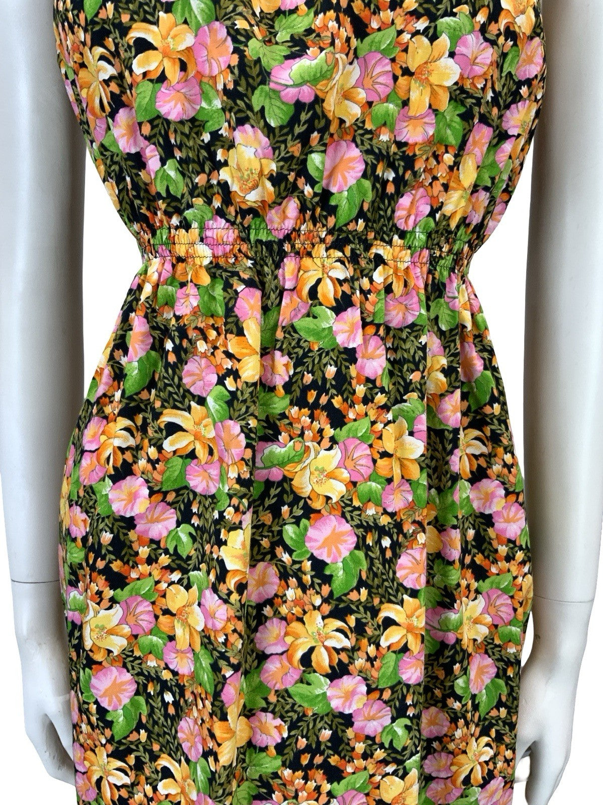 VTG 60S 70S BLACK ORANGE PINK TROPICAL FLORAL ELASTICATED WAIST STRAPPY DRESS 12