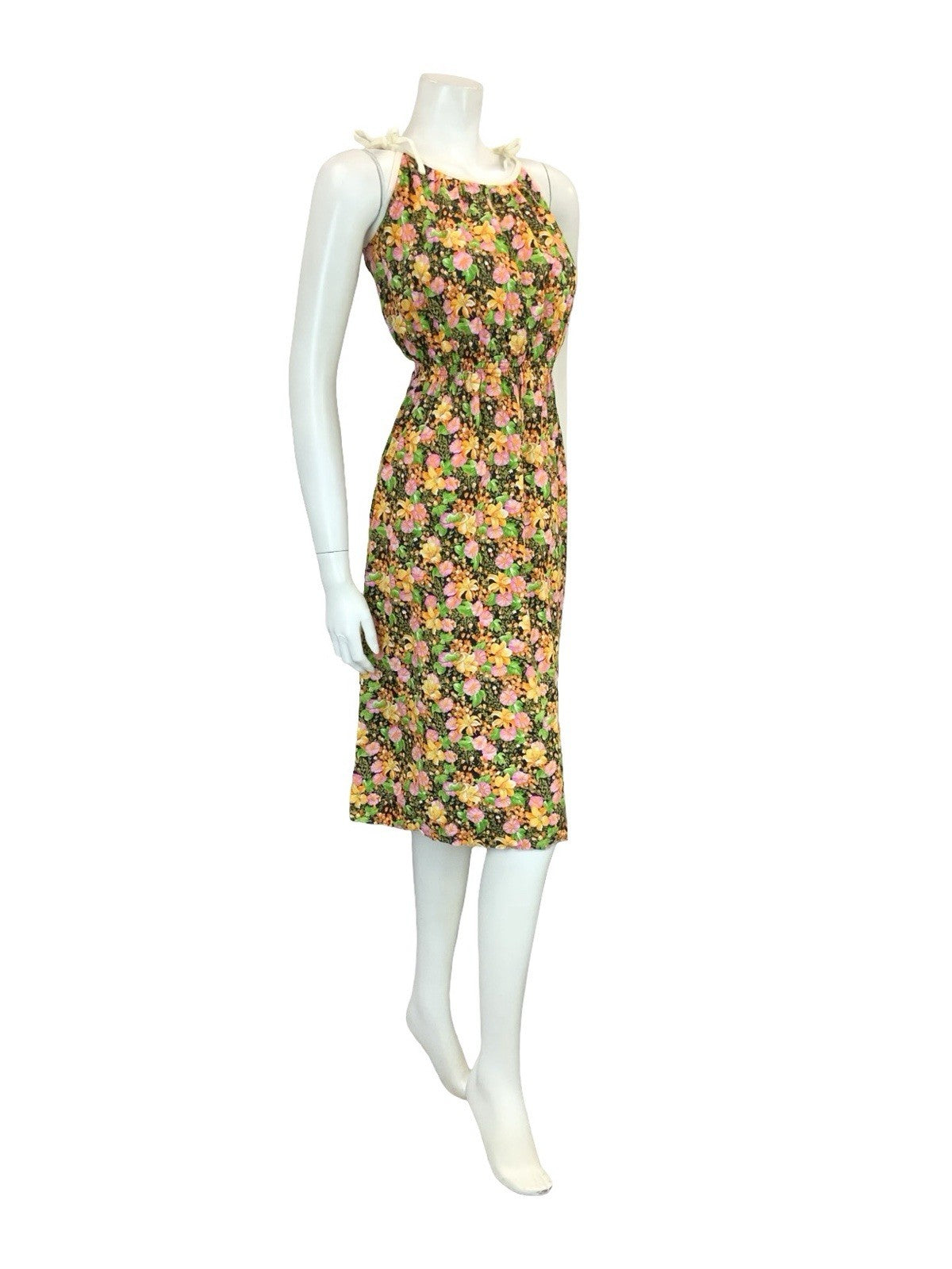 VTG 60S 70S BLACK ORANGE PINK TROPICAL FLORAL ELASTICATED WAIST STRAPPY DRESS 12