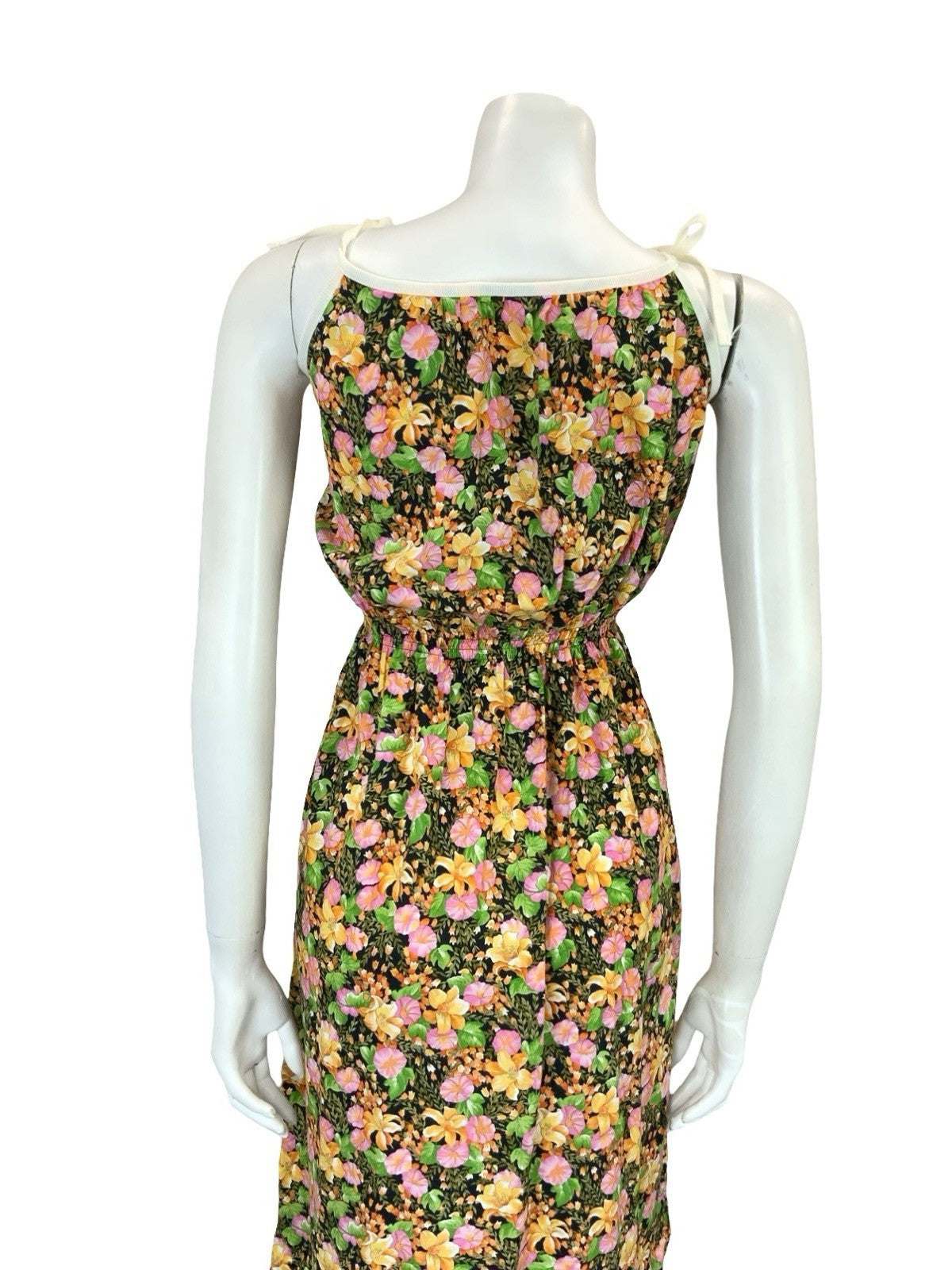 VTG 60S 70S BLACK ORANGE PINK TROPICAL FLORAL ELASTICATED WAIST STRAPPY DRESS 12
