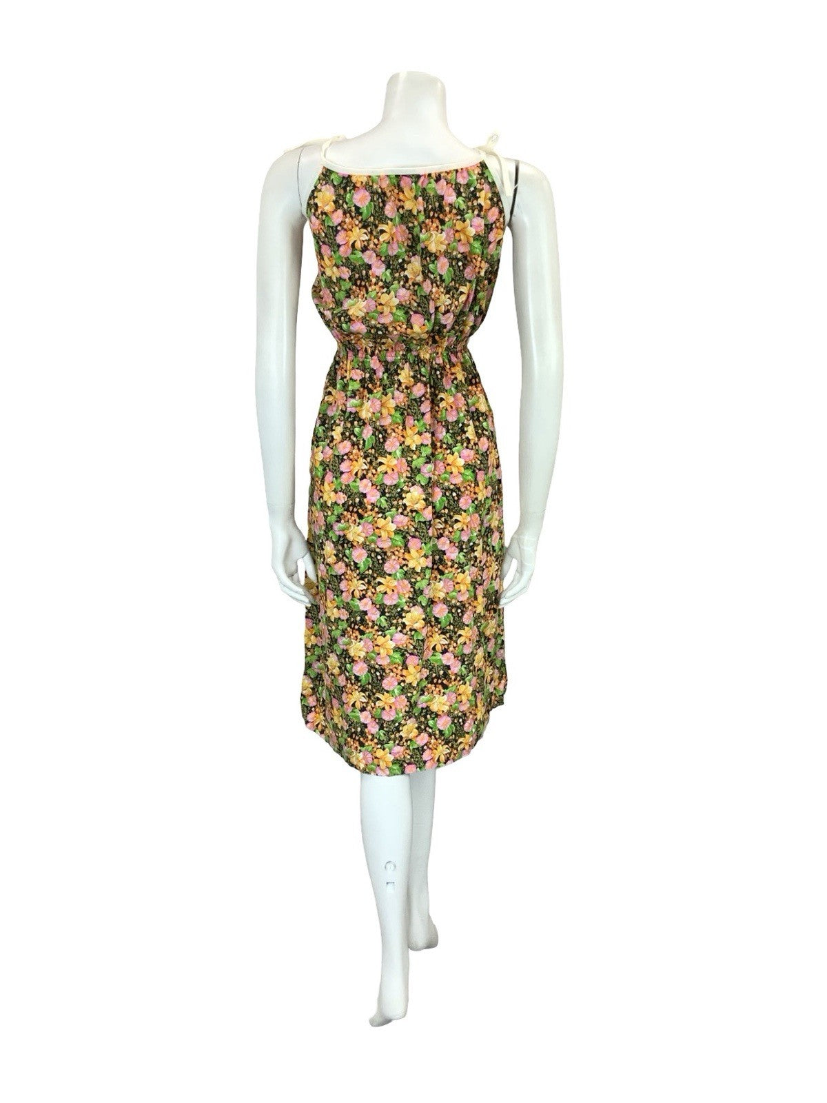 VTG 60S 70S BLACK ORANGE PINK TROPICAL FLORAL ELASTICATED WAIST STRAPPY DRESS 12