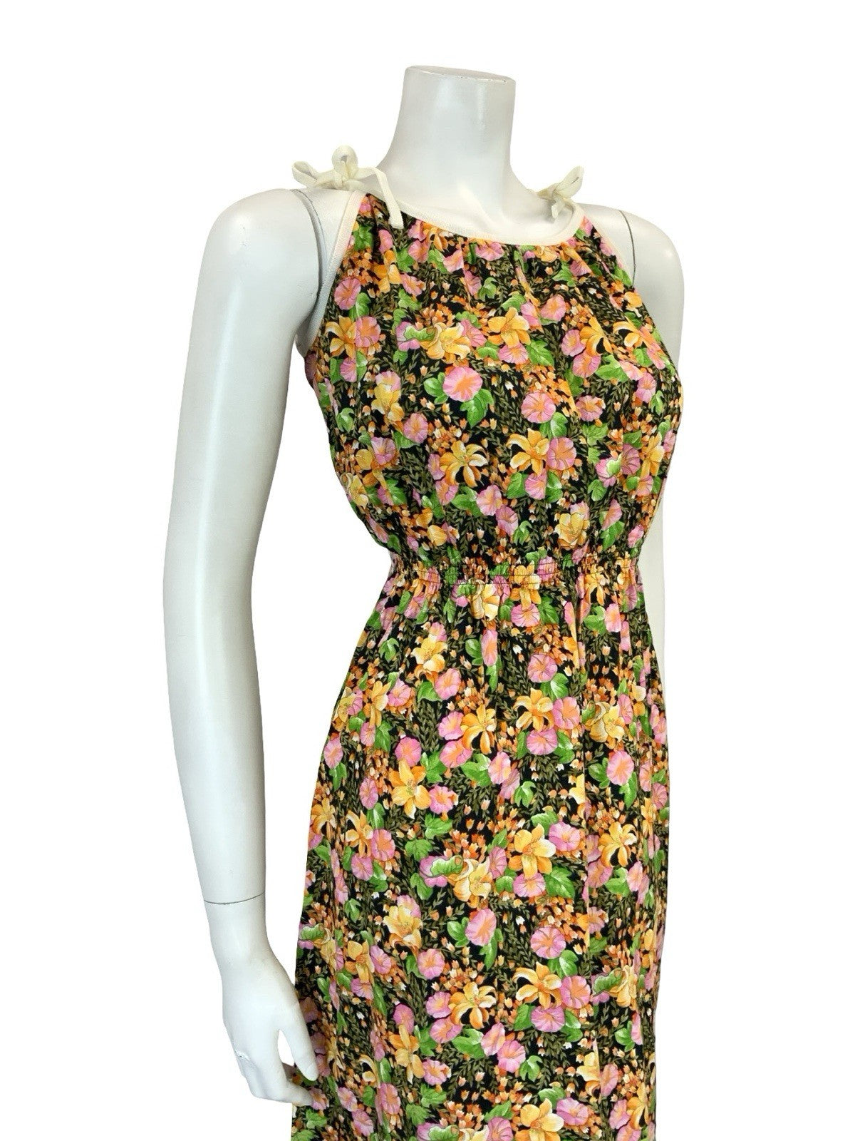 VTG 60S 70S BLACK ORANGE PINK TROPICAL FLORAL ELASTICATED WAIST STRAPPY DRESS 12