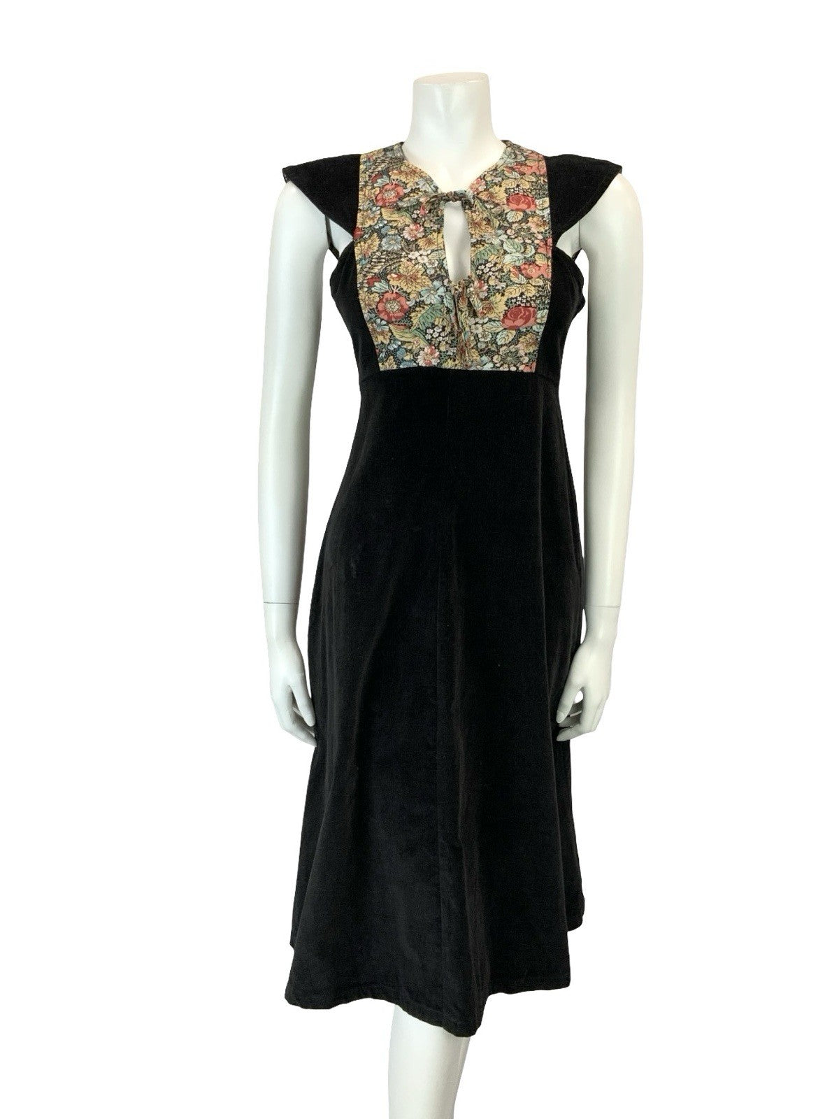 VTG 70S BLACK CORDUROY PINK BEIGE GREEN FLORAL BIB FOLK FLORAL EMPIRE DRESS XS 6