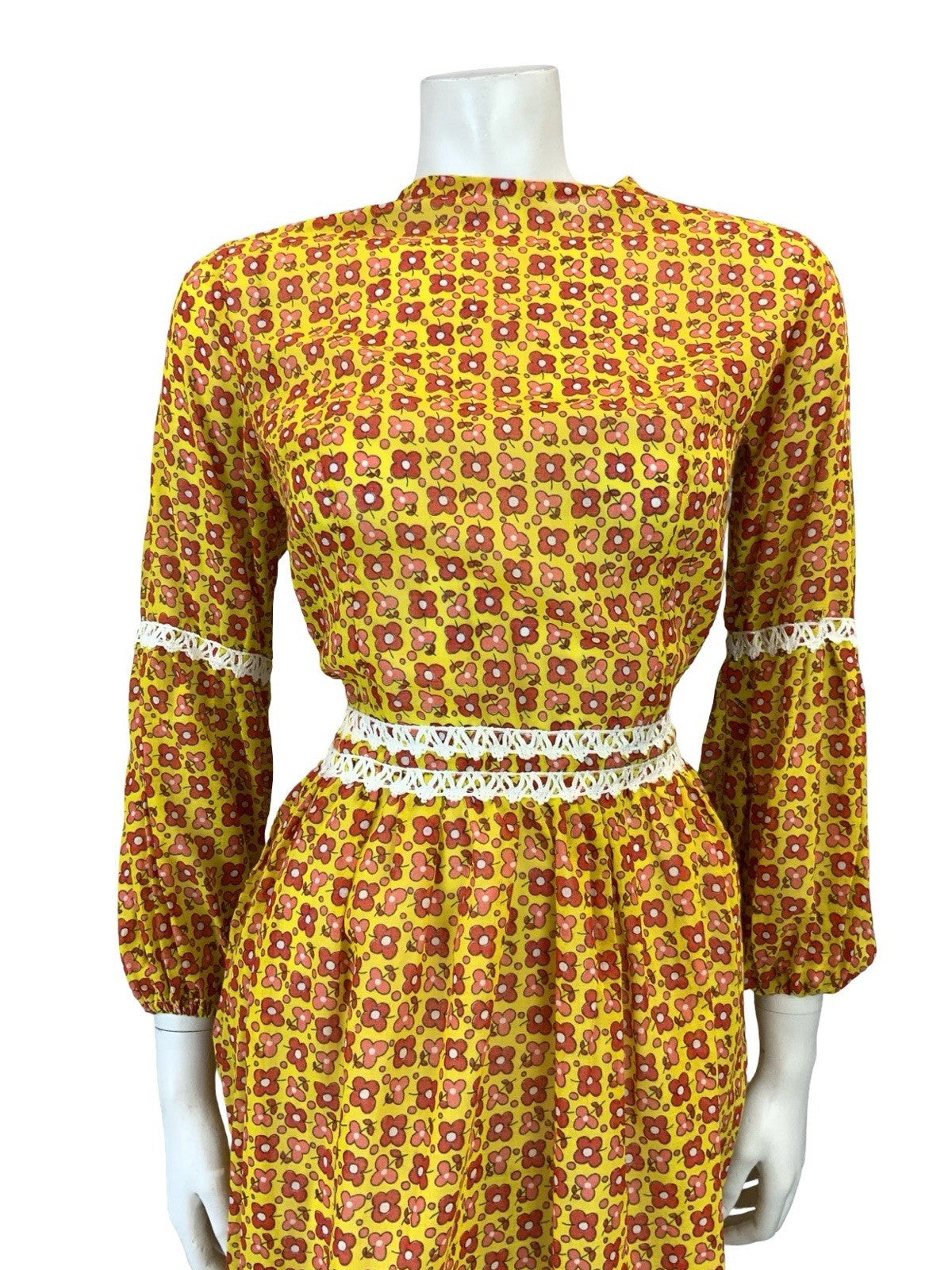 VTG 60S 70S YELLOW RED WHITE ROMANTIC MOD FLORAL JULIET SLEEVE MINI DRESS 8
