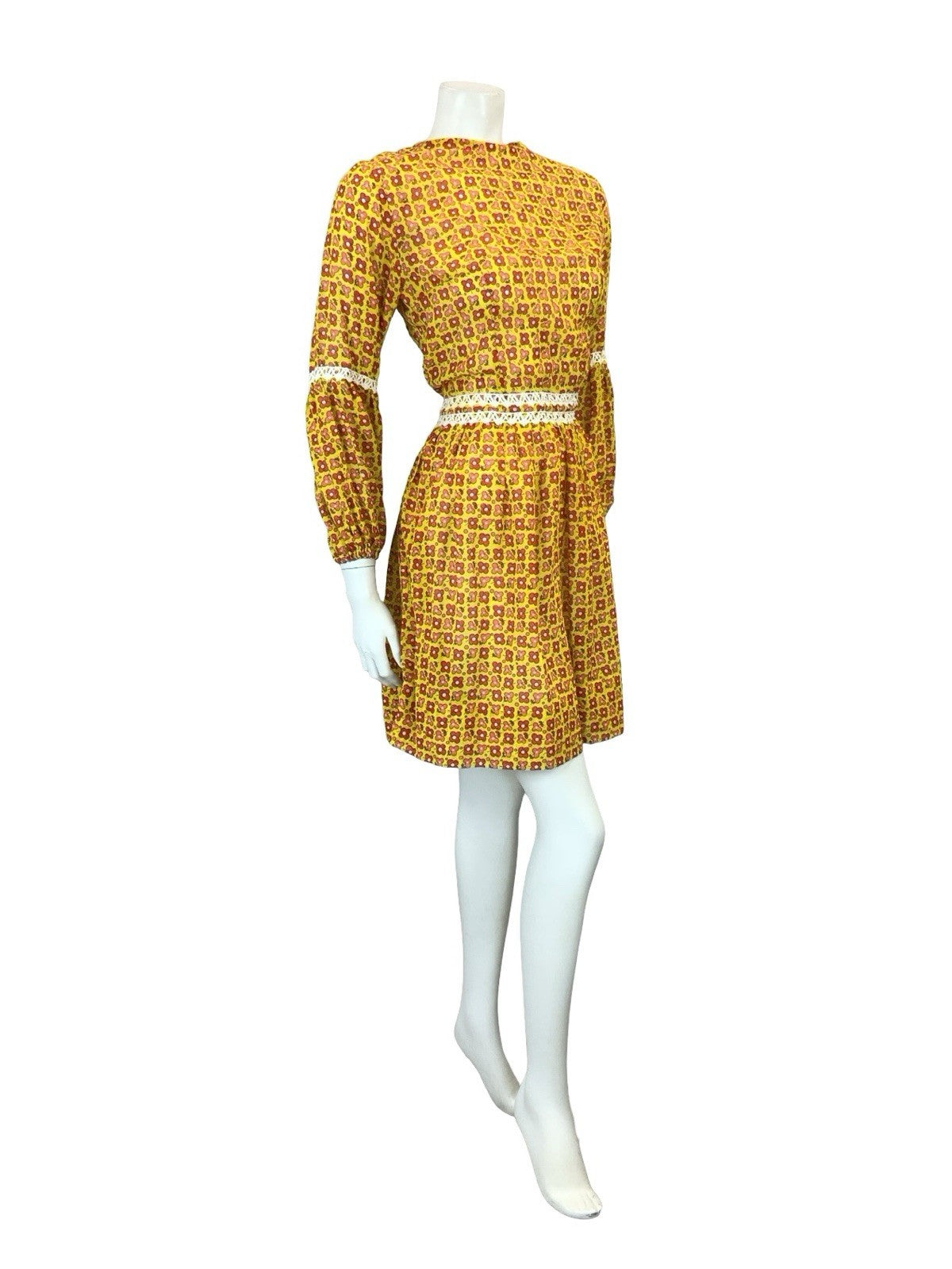 VTG 60S 70S YELLOW RED WHITE ROMANTIC MOD FLORAL JULIET SLEEVE MINI DRESS 8