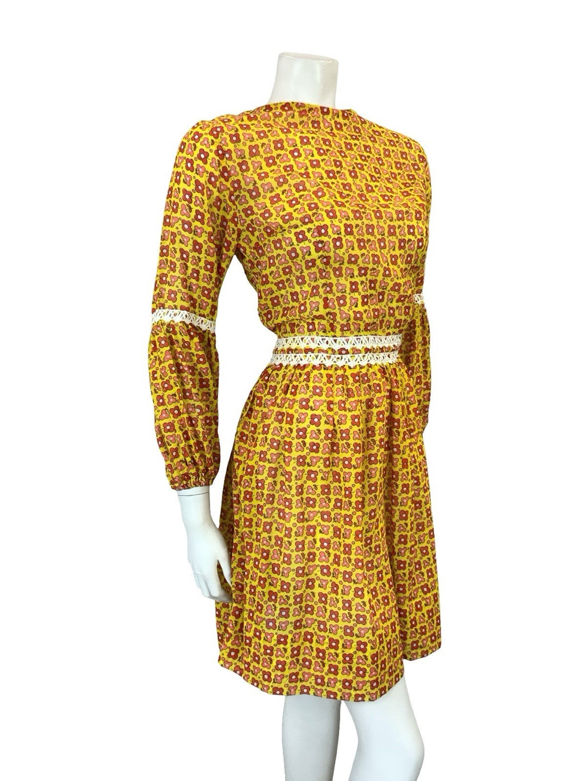 VTG 60S 70S YELLOW RED WHITE ROMANTIC MOD FLORAL JULIET SLEEVE MINI DRESS 8