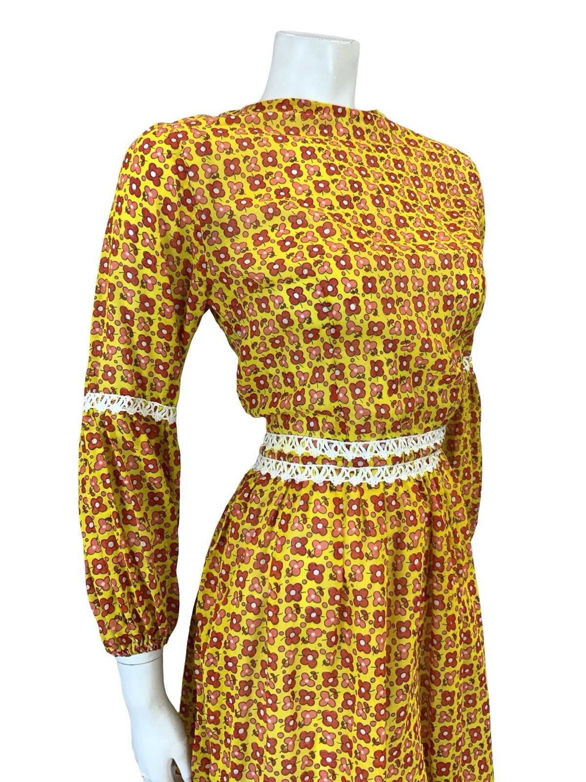 VTG 60S 70S YELLOW RED WHITE ROMANTIC MOD FLORAL JULIET SLEEVE MINI DRESS 8