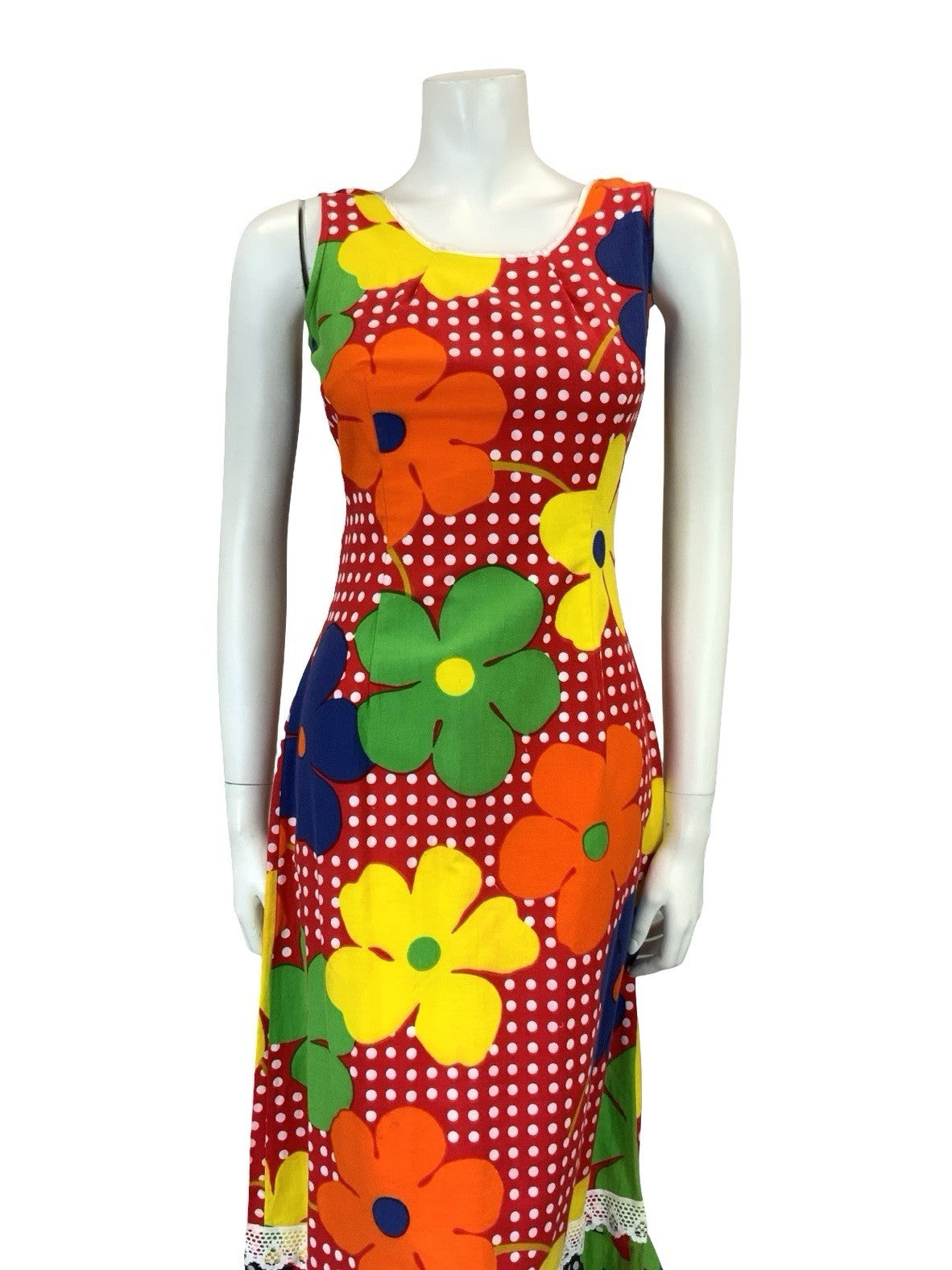 VTG 60S 70S RED WHITE POLKA DOT YELLOW ORANGE FLORAL RUFFLE MIDI DRESS XS 6