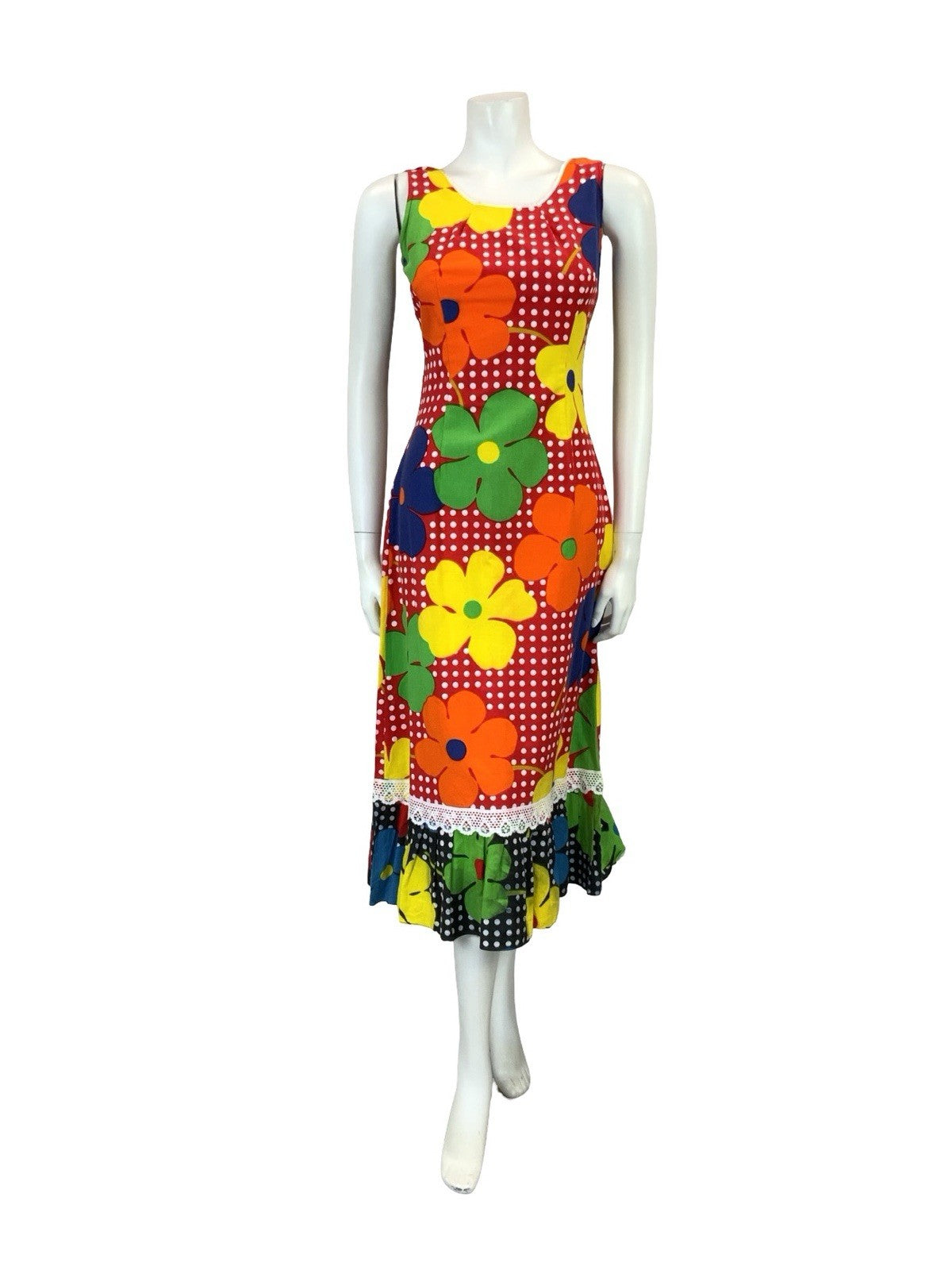 VTG 60S 70S RED WHITE POLKA DOT YELLOW ORANGE FLORAL RUFFLE MIDI DRESS XS 6