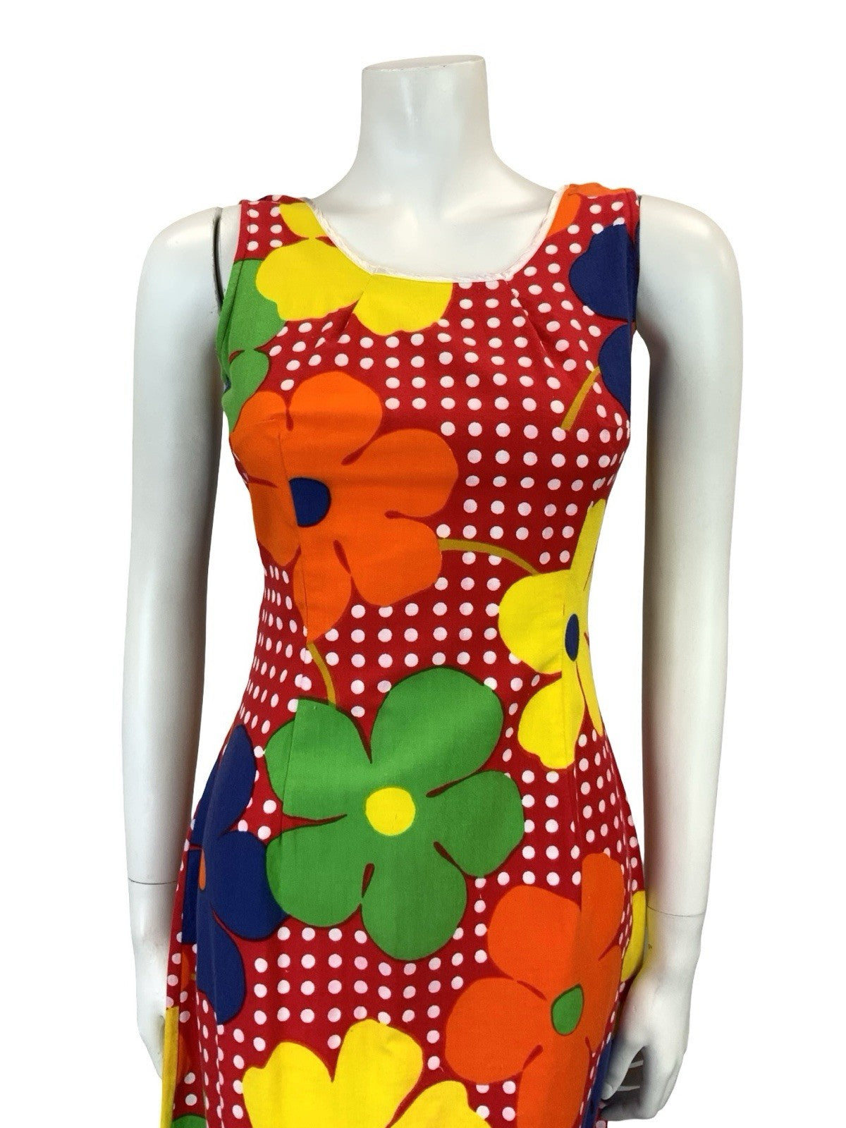 VTG 60S 70S RED WHITE POLKA DOT YELLOW ORANGE FLORAL RUFFLE MIDI DRESS XS 6