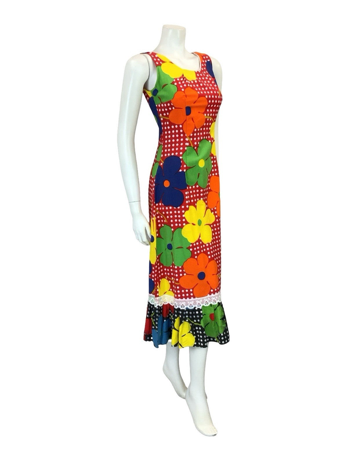 VTG 60S 70S RED WHITE POLKA DOT YELLOW ORANGE FLORAL RUFFLE MIDI DRESS XS 6