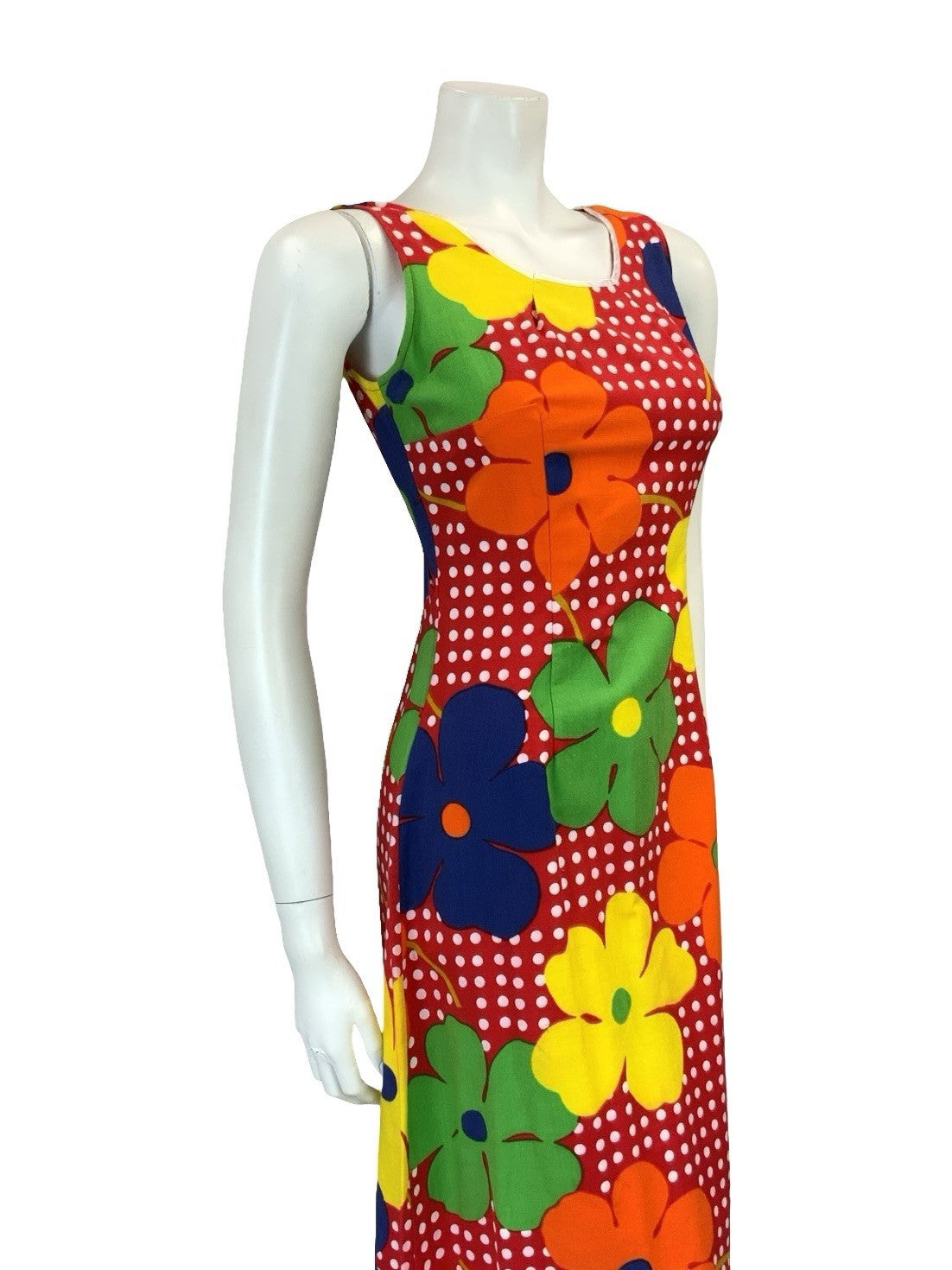 VTG 60S 70S RED WHITE POLKA DOT YELLOW ORANGE FLORAL RUFFLE MIDI DRESS XS 6