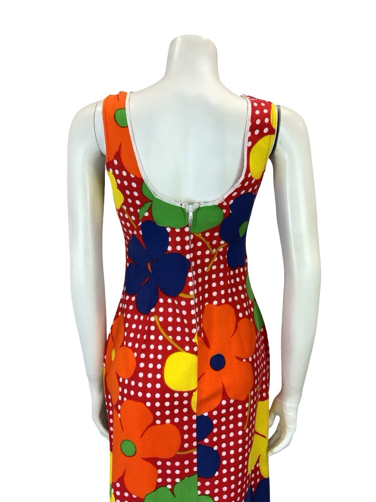 VTG 60S 70S RED WHITE POLKA DOT YELLOW ORANGE FLORAL RUFFLE MIDI DRESS XS 6
