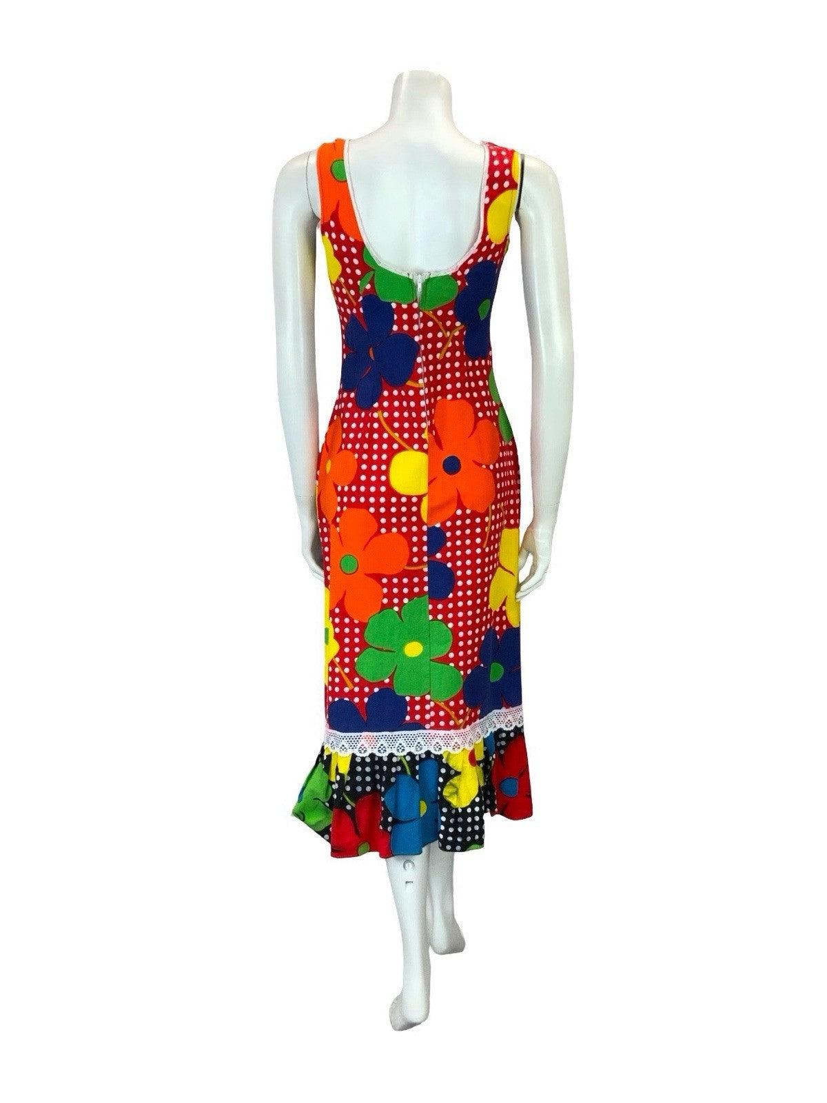 VTG 60S 70S RED WHITE POLKA DOT YELLOW ORANGE FLORAL RUFFLE MIDI DRESS XS 6