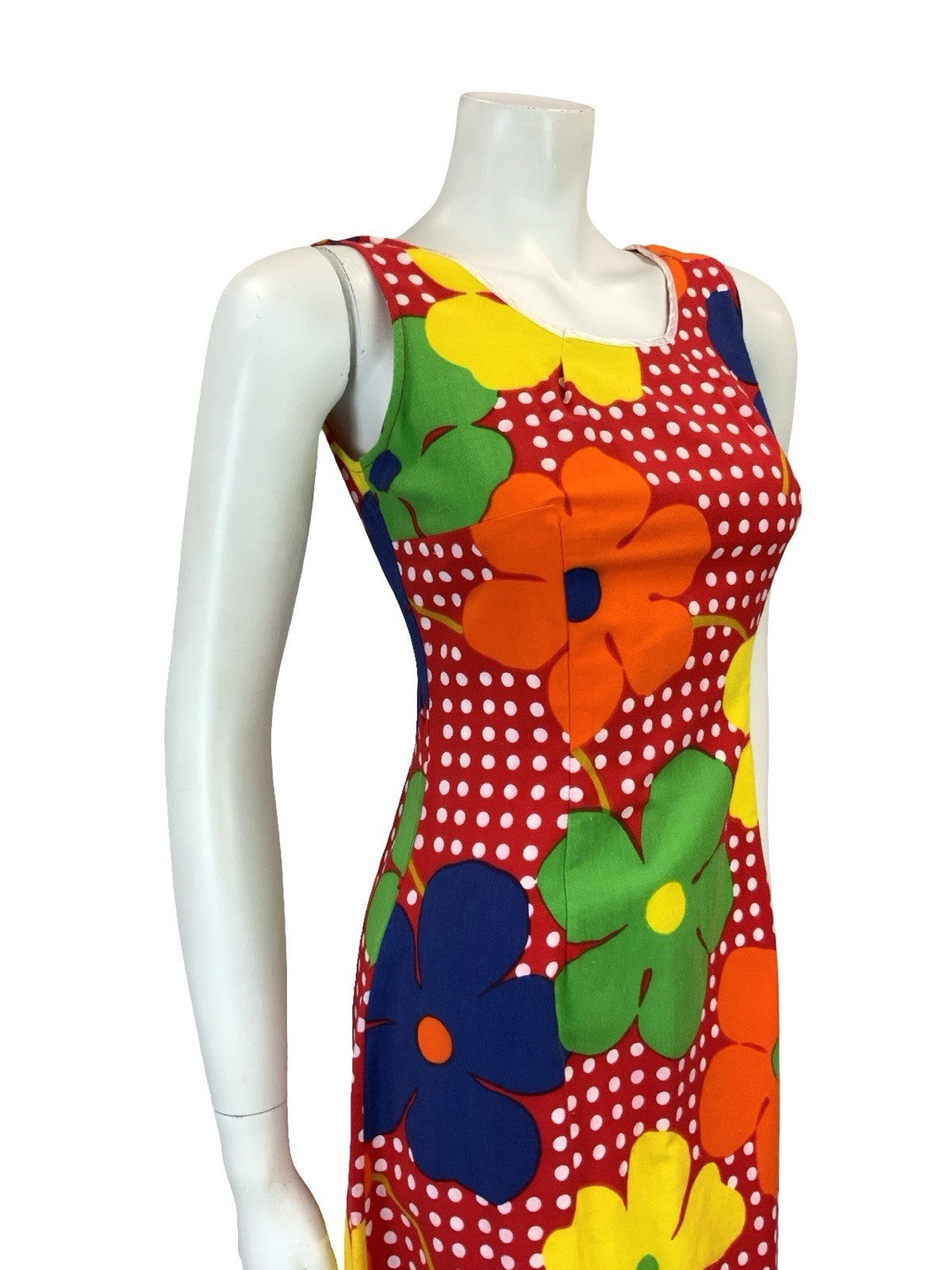 VTG 60S 70S RED WHITE POLKA DOT YELLOW ORANGE FLORAL RUFFLE MIDI DRESS XS 6