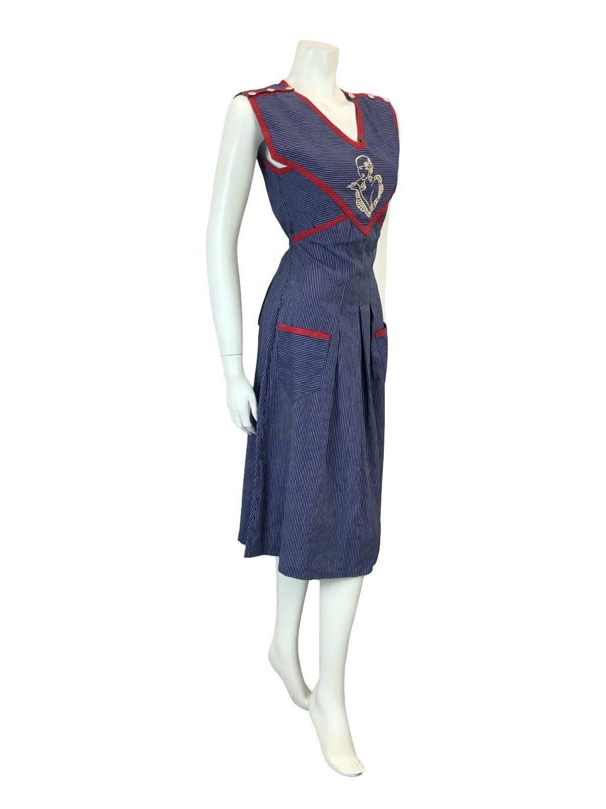 VTG 70S BLUE WHITE RED PINSTRIPE ART DECO WOMAN TIE WAIST PINAFORE DRESS XS 6