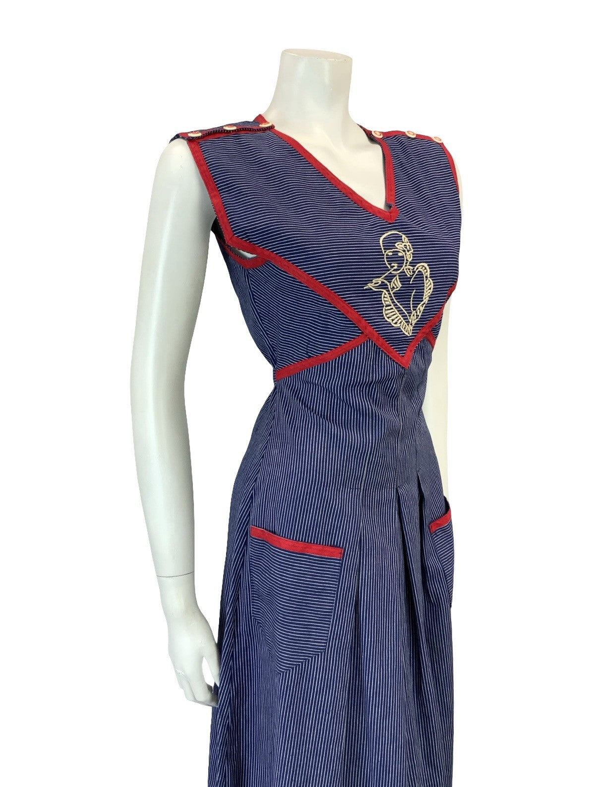 VTG 70S BLUE WHITE RED PINSTRIPE ART DECO WOMAN TIE WAIST PINAFORE DRESS XS 6