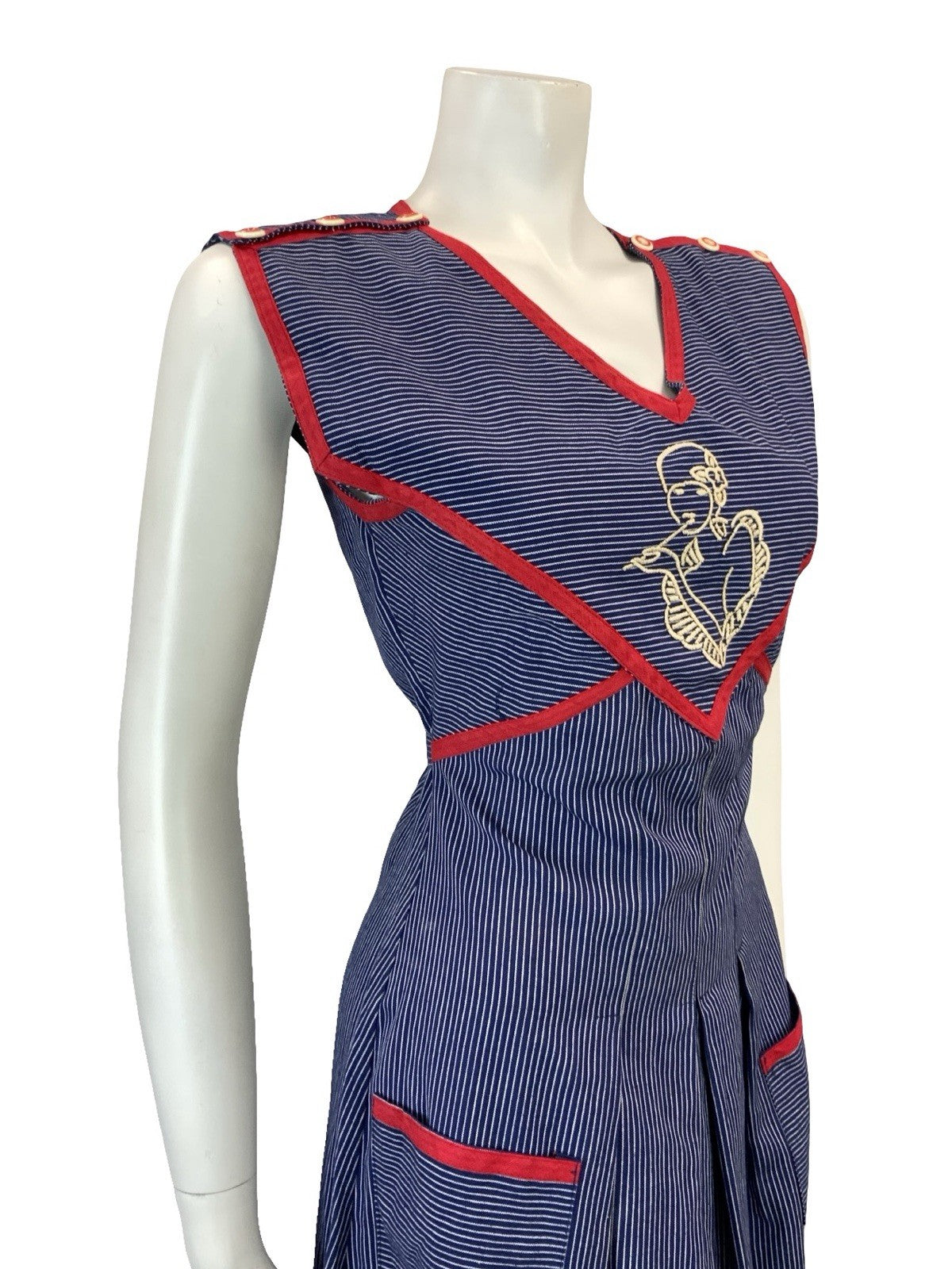 VTG 70S BLUE WHITE RED PINSTRIPE ART DECO WOMAN TIE WAIST PINAFORE DRESS XS 6