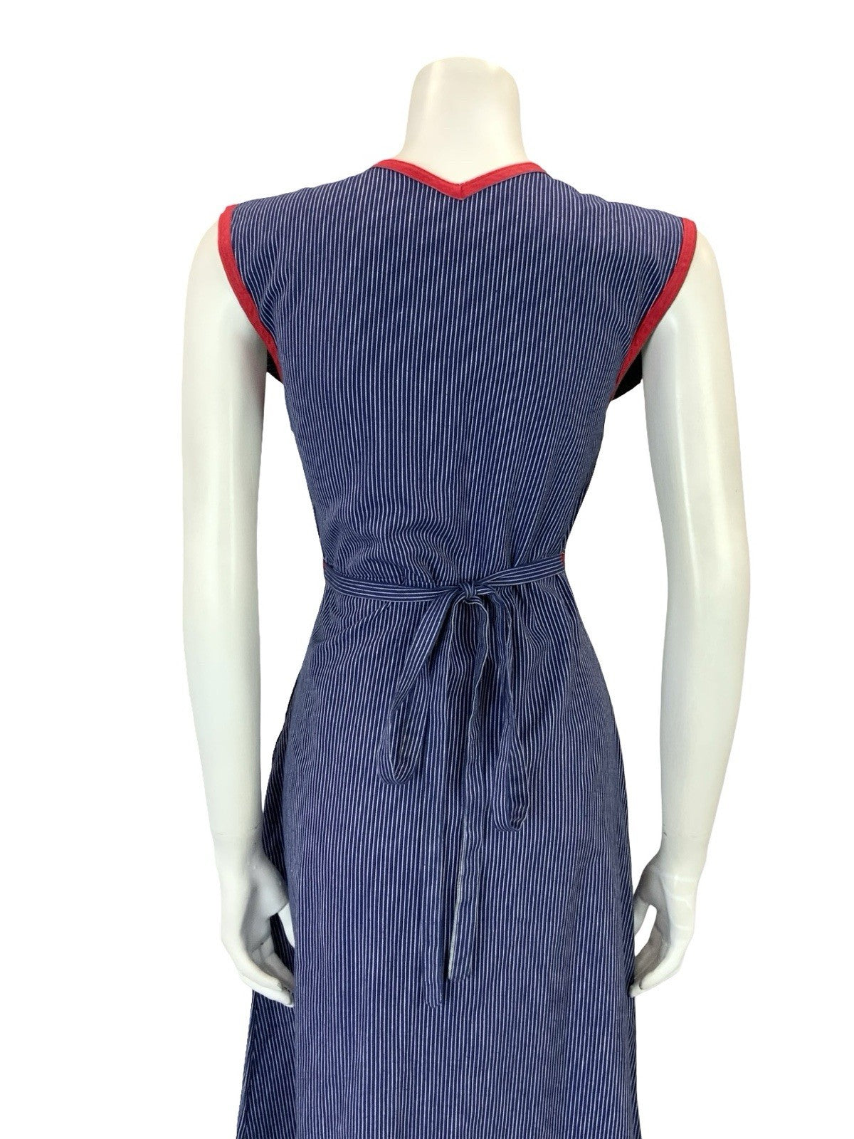 VTG 70S BLUE WHITE RED PINSTRIPE ART DECO WOMAN TIE WAIST PINAFORE DRESS XS 6