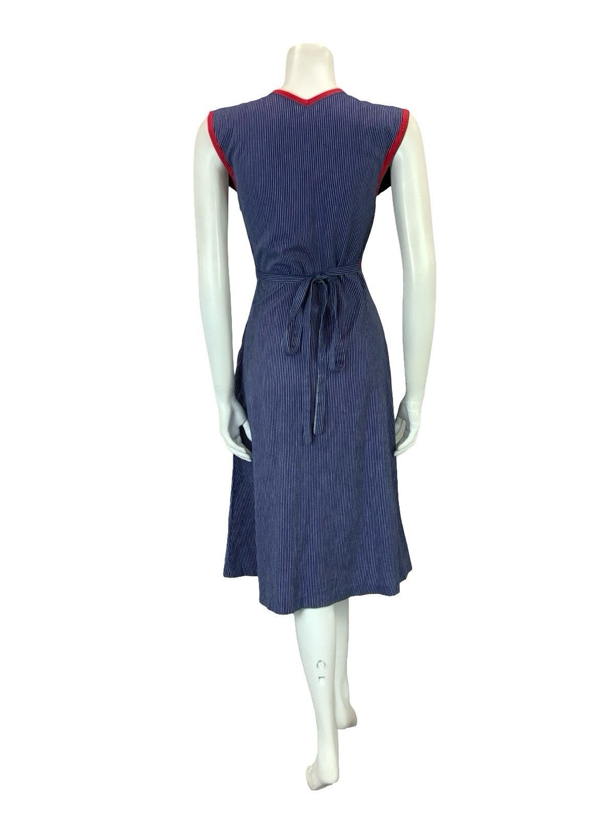 VTG 70S BLUE WHITE RED PINSTRIPE ART DECO WOMAN TIE WAIST PINAFORE DRESS XS 6