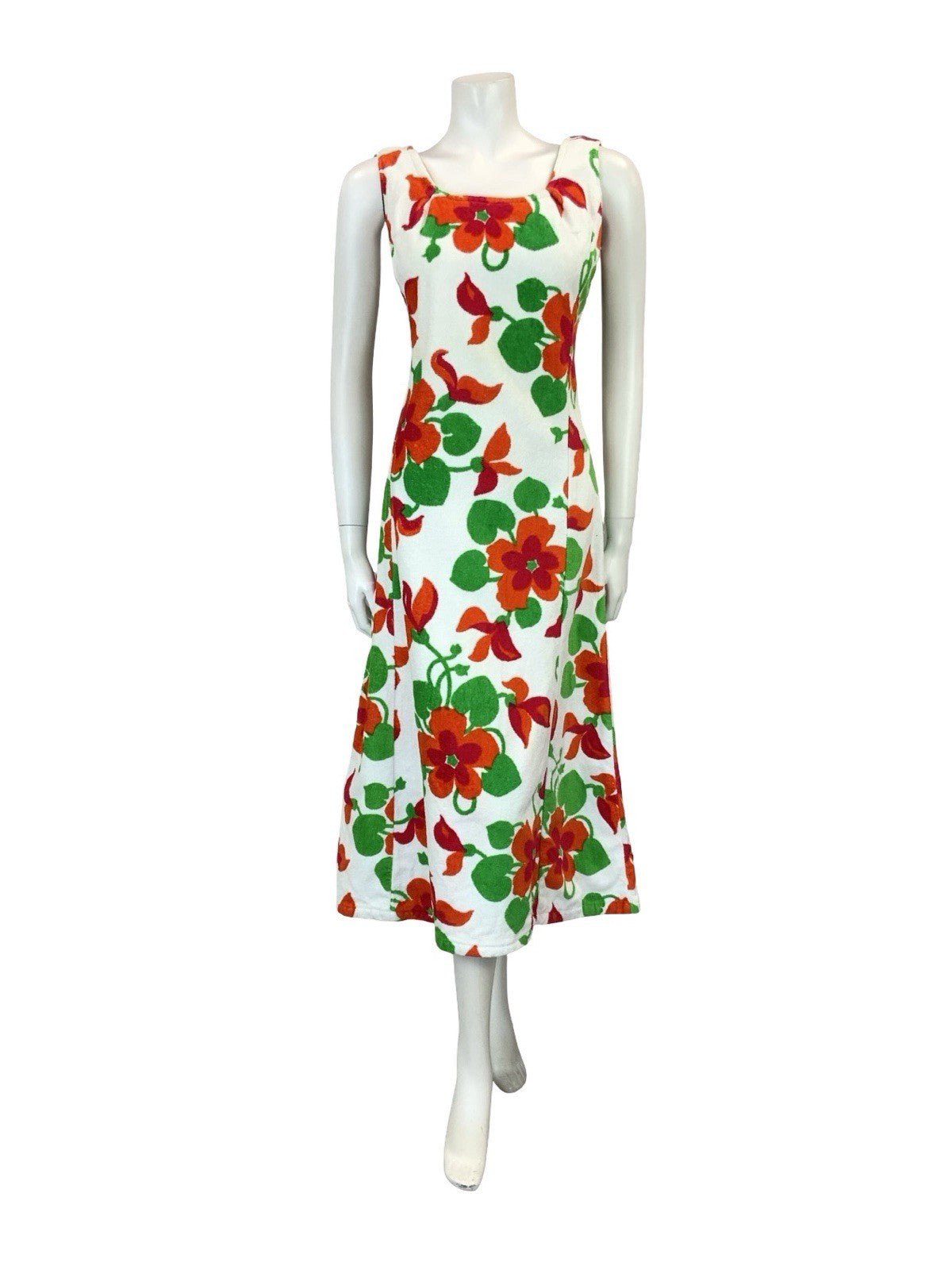 VTG 60S 70S WHITE RED GREEN FLORAL TOWELLING SCOOP NECK MIDI DRESS 8 10 S