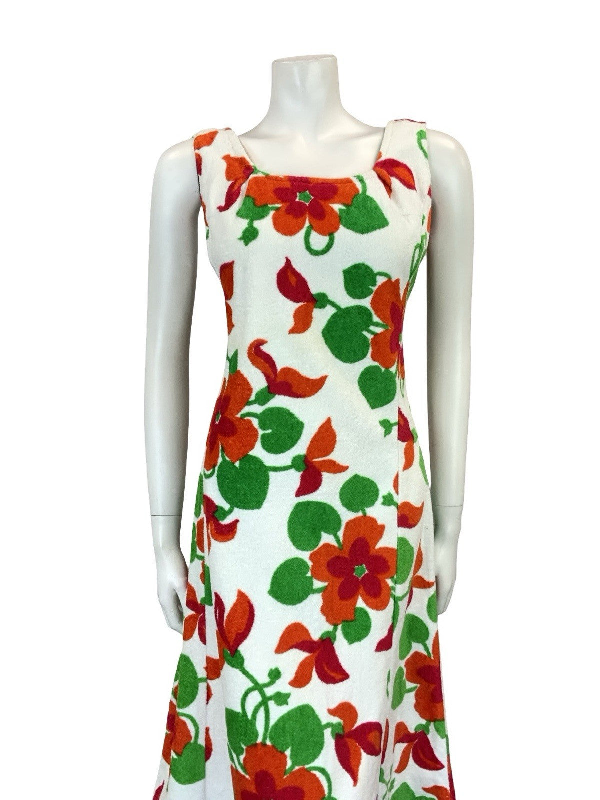VTG 60S 70S WHITE RED GREEN FLORAL TOWELLING SCOOP NECK MIDI DRESS 8 10 S