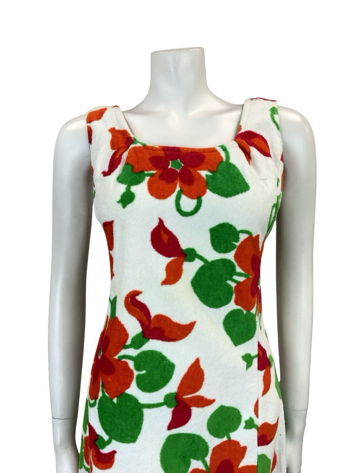 VTG 60S 70S WHITE RED GREEN FLORAL TOWELLING SCOOP NECK MIDI DRESS 8 10 S