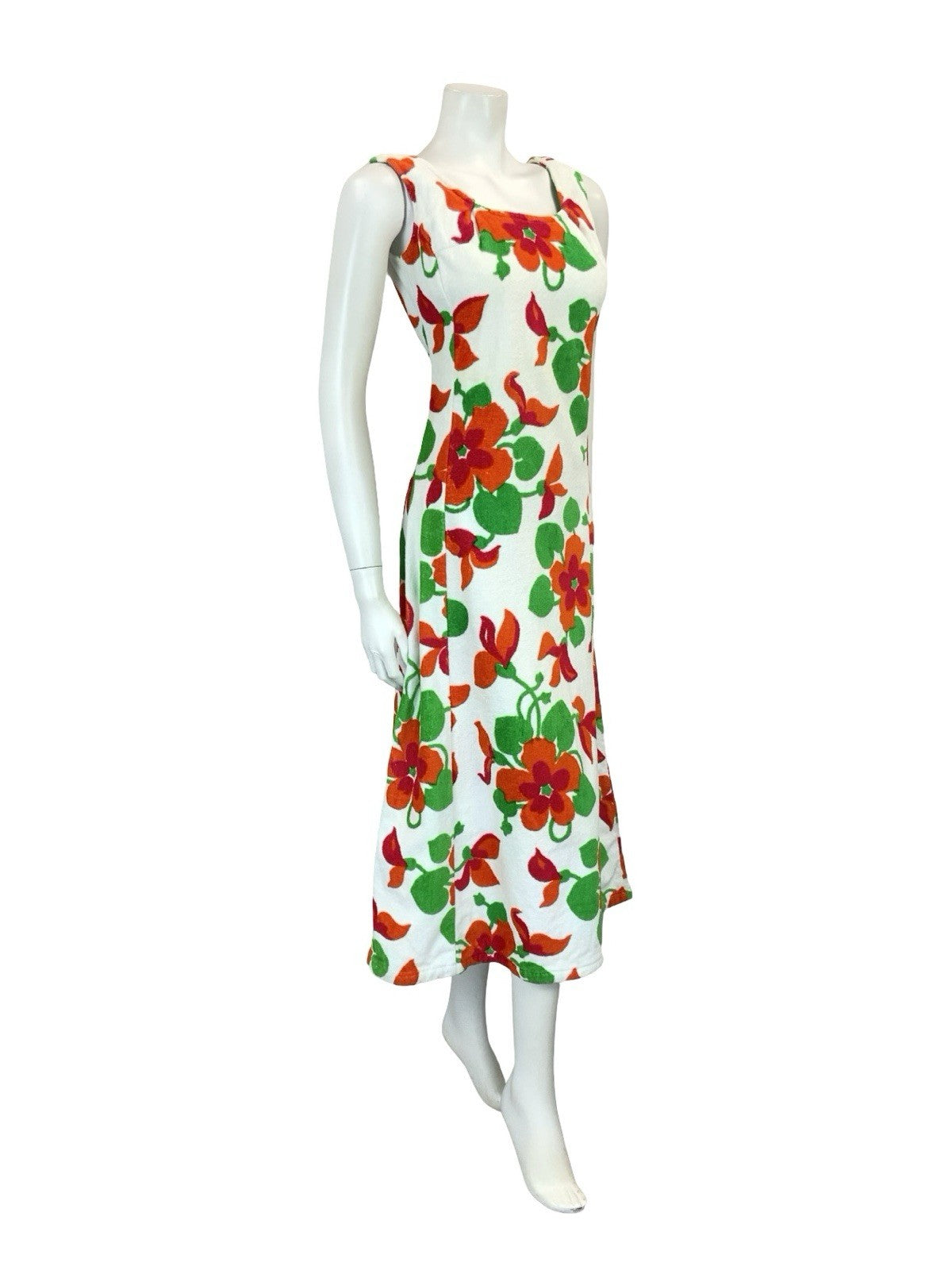 VTG 60S 70S WHITE RED GREEN FLORAL TOWELLING SCOOP NECK MIDI DRESS 8 10 S
