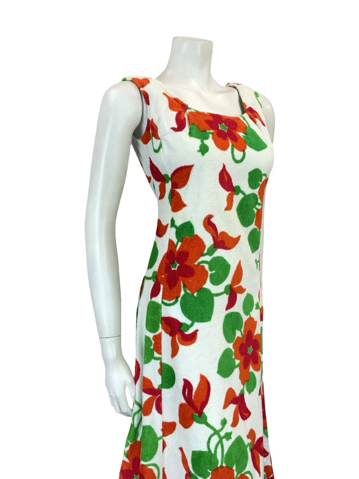 VTG 60S 70S WHITE RED GREEN FLORAL TOWELLING SCOOP NECK MIDI DRESS 8 10 S