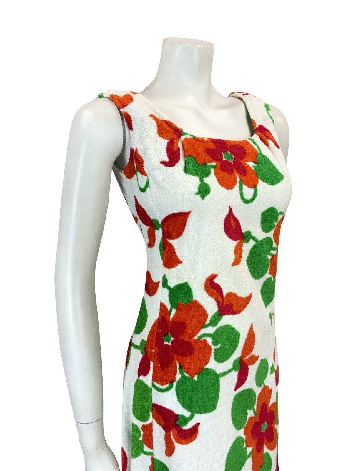 VTG 60S 70S WHITE RED GREEN FLORAL TOWELLING SCOOP NECK MIDI DRESS 8 10 S