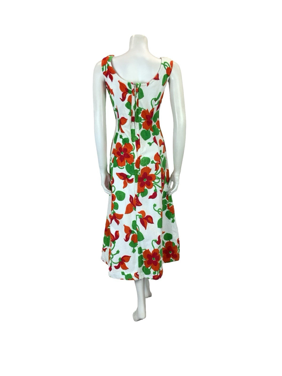 VTG 60S 70S WHITE RED GREEN FLORAL TOWELLING SCOOP NECK MIDI DRESS 8 10 S