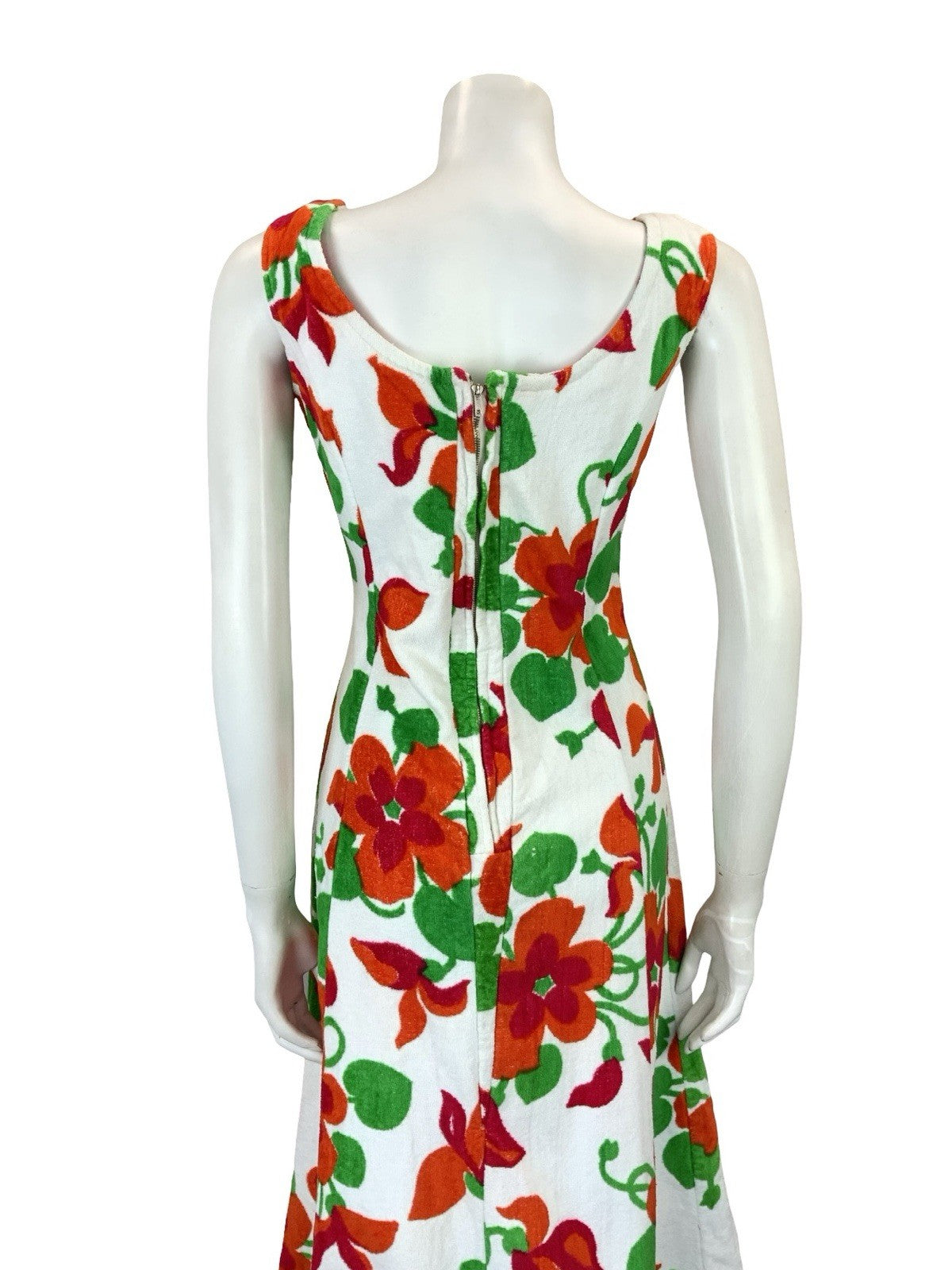 VTG 60S 70S WHITE RED GREEN FLORAL TOWELLING SCOOP NECK MIDI DRESS 8 10 S