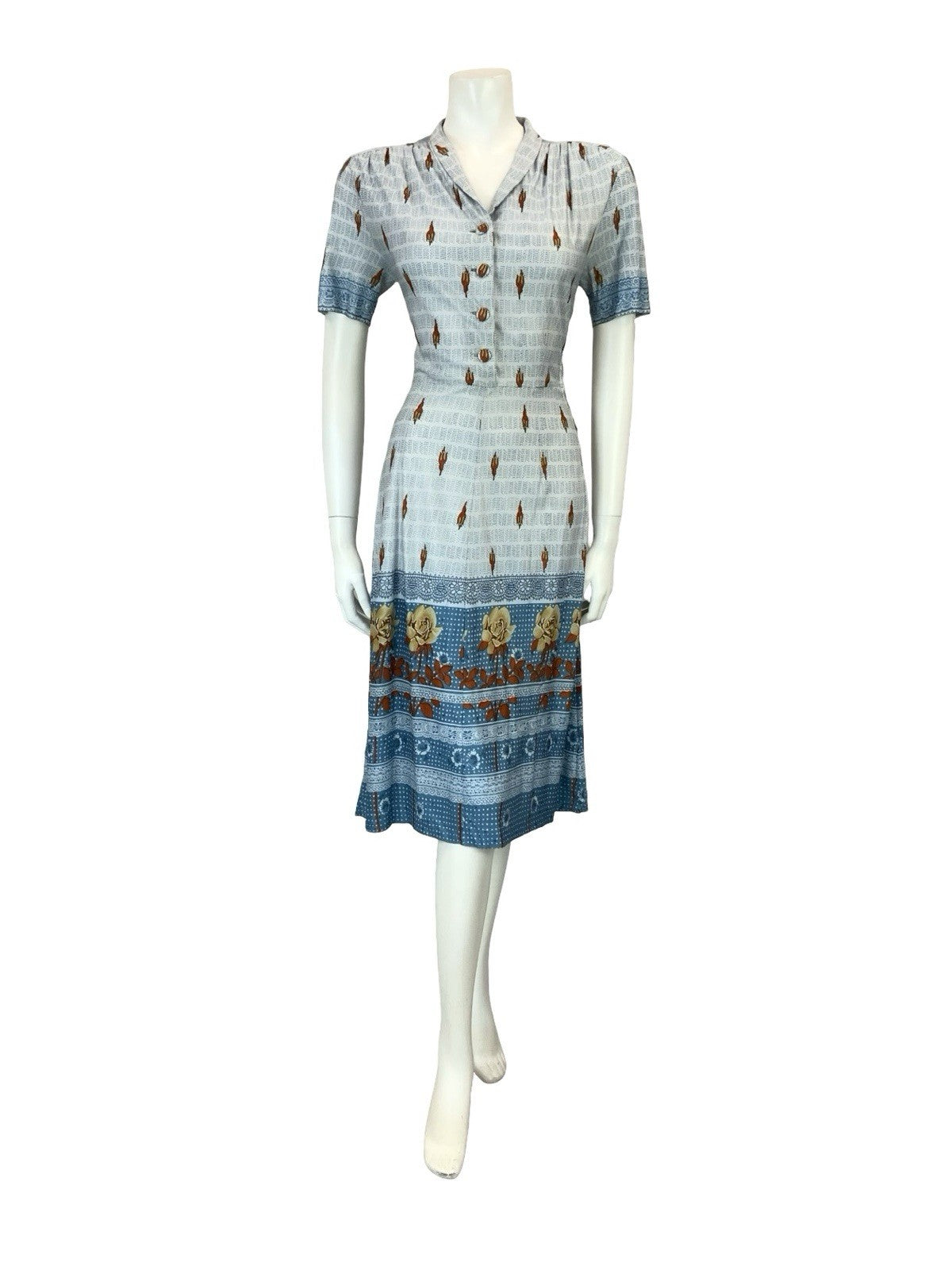 VTG 60S 70S BLUE BEIGE BROWN FLORAL ROSE DOTTY STRIPE SHIRT TEA DRESS 8
