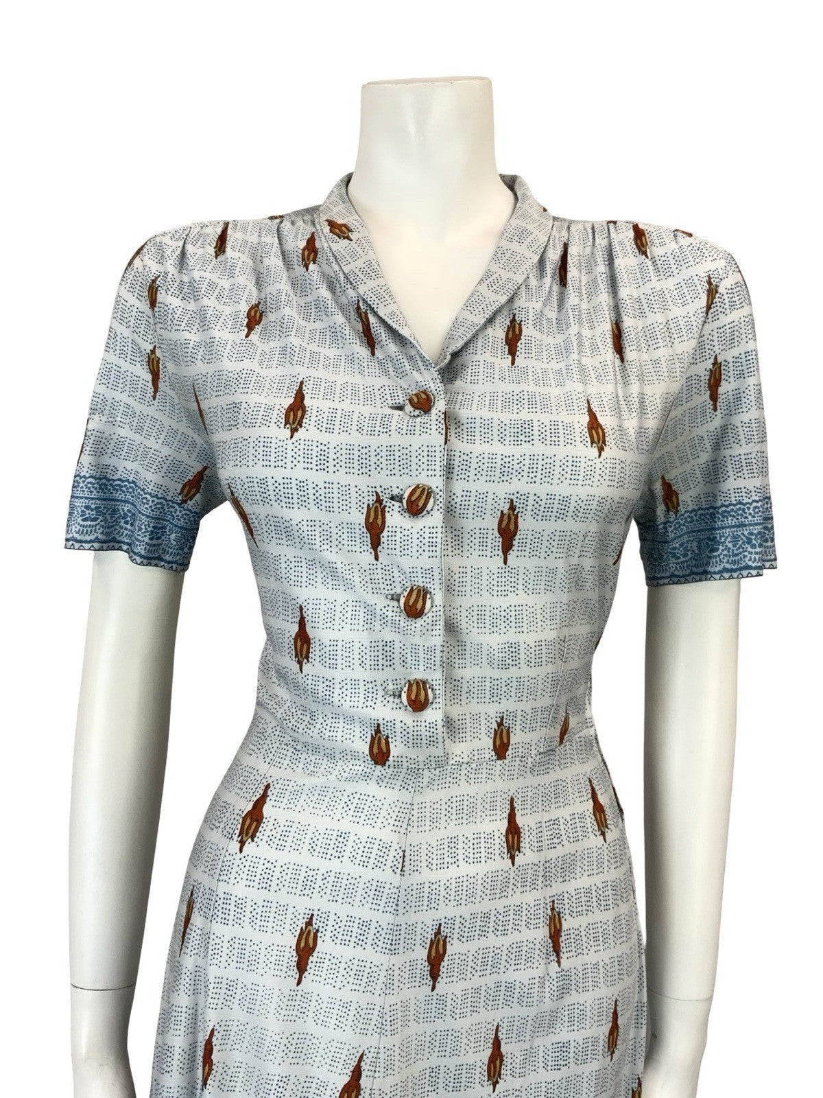 VTG 60S 70S BLUE BEIGE BROWN FLORAL ROSE DOTTY STRIPE SHIRT TEA DRESS 8