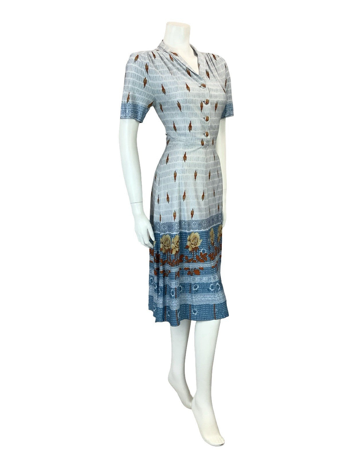 VTG 60S 70S BLUE BEIGE BROWN FLORAL ROSE DOTTY STRIPE SHIRT TEA DRESS 8