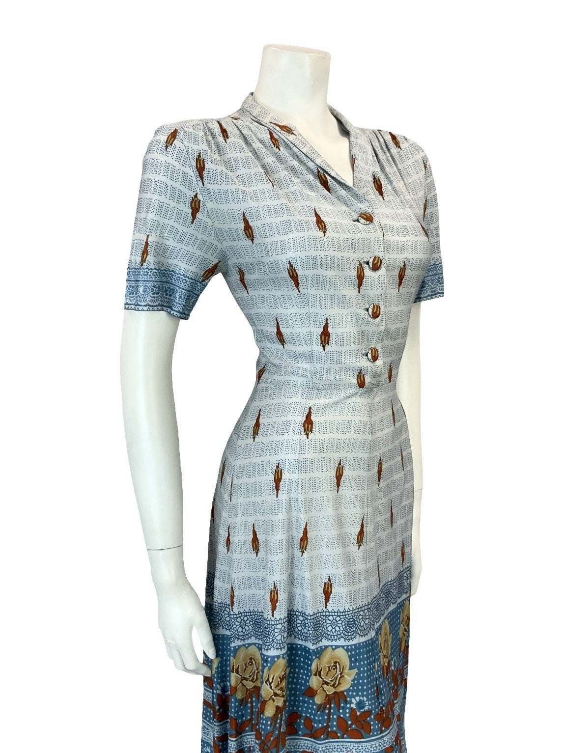 VTG 60S 70S BLUE BEIGE BROWN FLORAL ROSE DOTTY STRIPE SHIRT TEA DRESS 8
