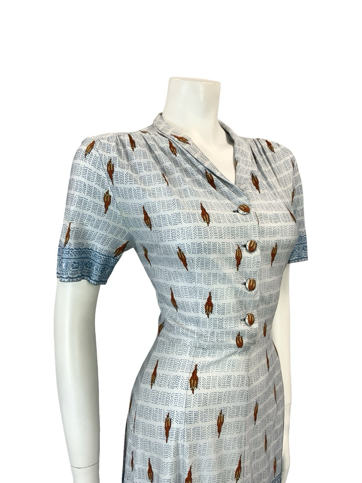 VTG 60S 70S BLUE BEIGE BROWN FLORAL ROSE DOTTY STRIPE SHIRT TEA DRESS 8