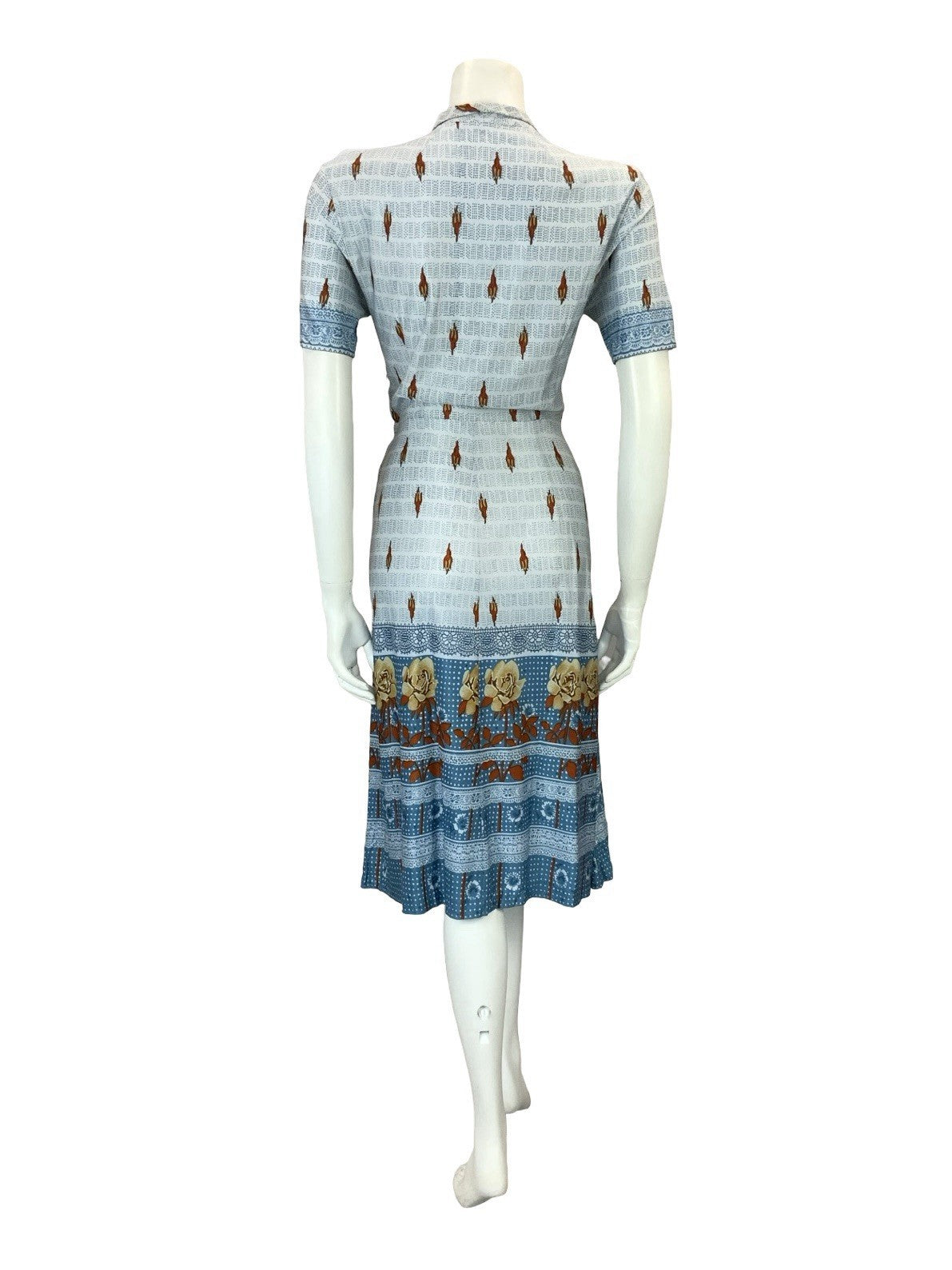 VTG 60S 70S BLUE BEIGE BROWN FLORAL ROSE DOTTY STRIPE SHIRT TEA DRESS 8