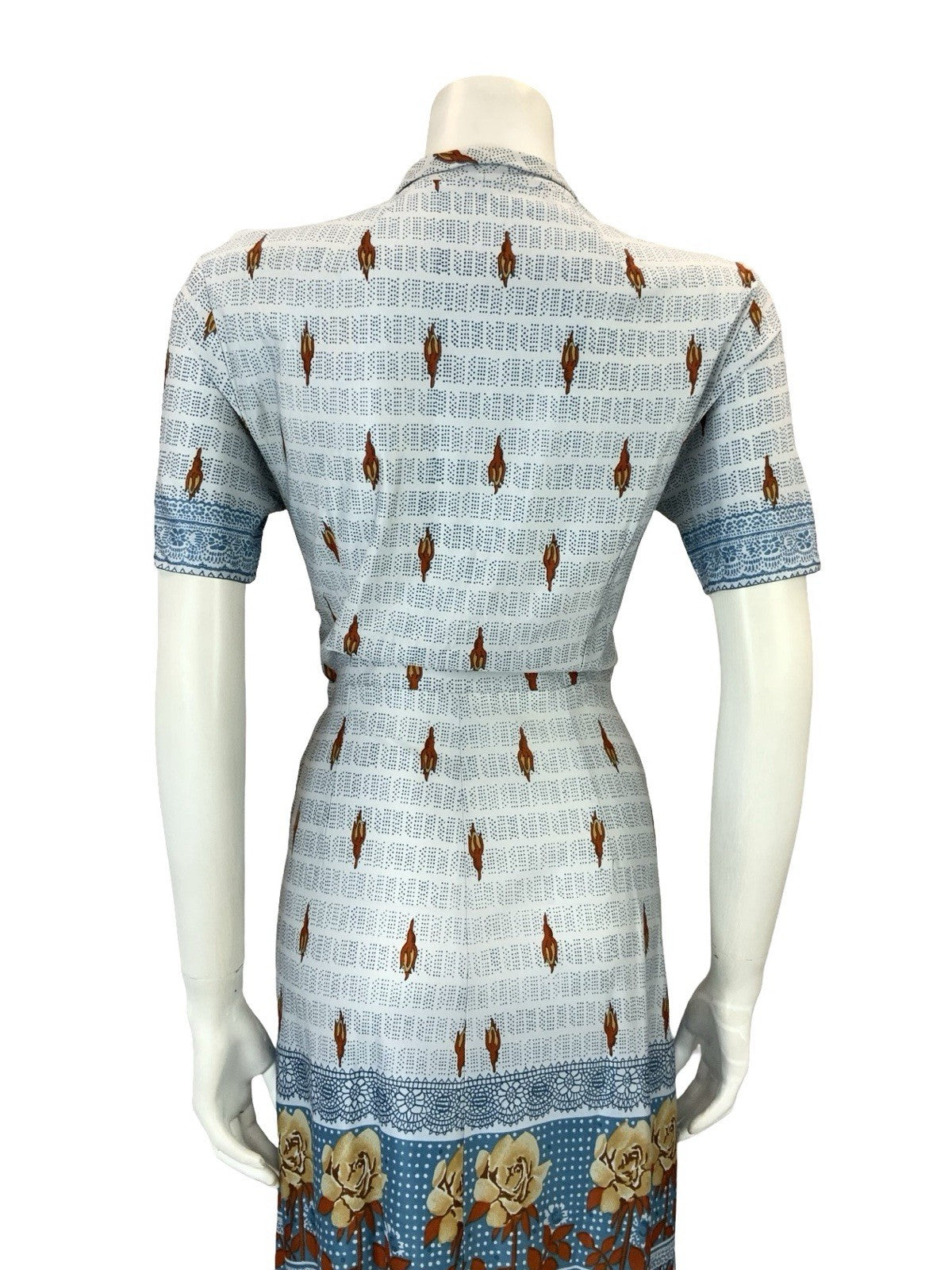 VTG 60S 70S BLUE BEIGE BROWN FLORAL ROSE DOTTY STRIPE SHIRT TEA DRESS 8