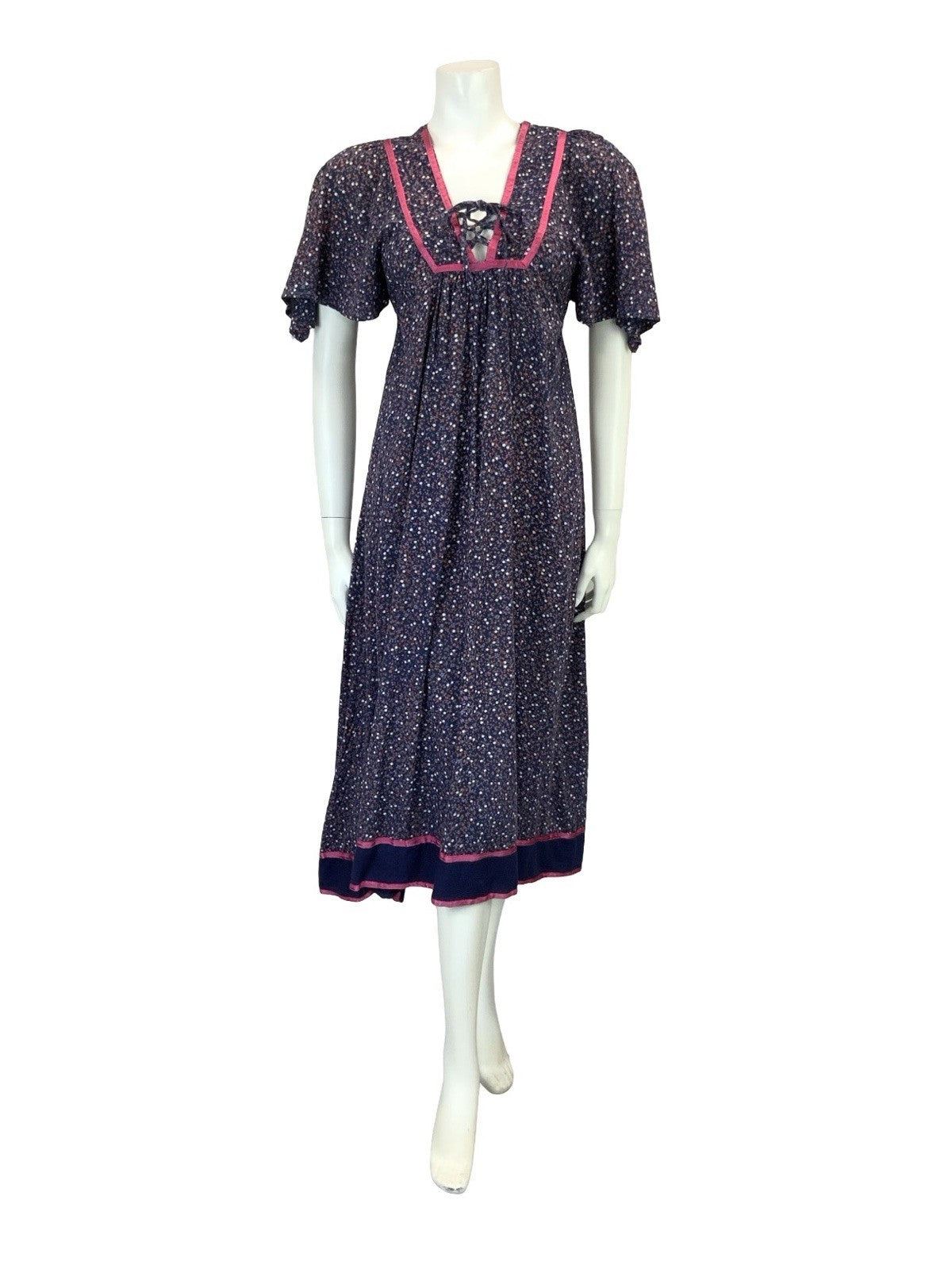 VTG 60S 70S BLUE PINK BROWN FLORAL BOHO FLARED EMPIRE BIB SMOCK DRESS 8