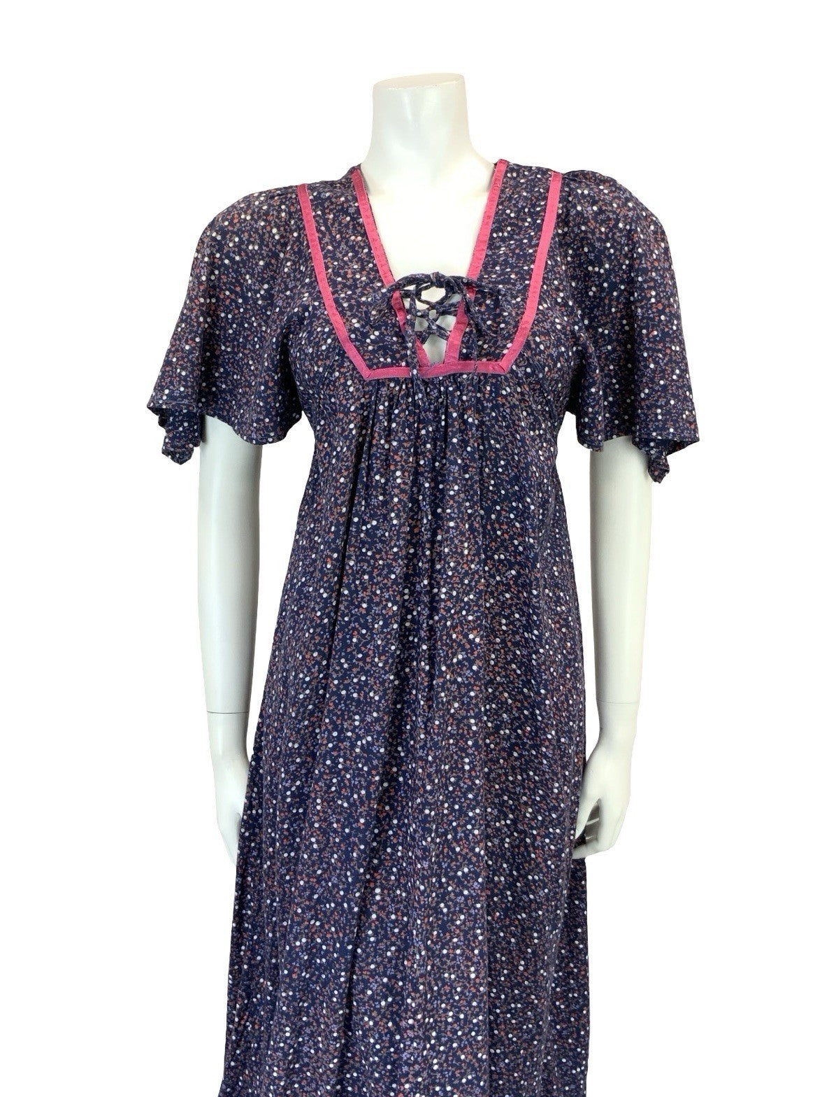 VTG 60S 70S BLUE PINK BROWN FLORAL BOHO FLARED EMPIRE BIB SMOCK DRESS 8