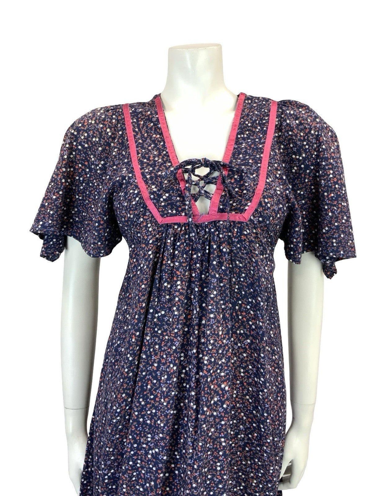 VTG 60S 70S BLUE PINK BROWN FLORAL BOHO FLARED EMPIRE BIB SMOCK DRESS 8
