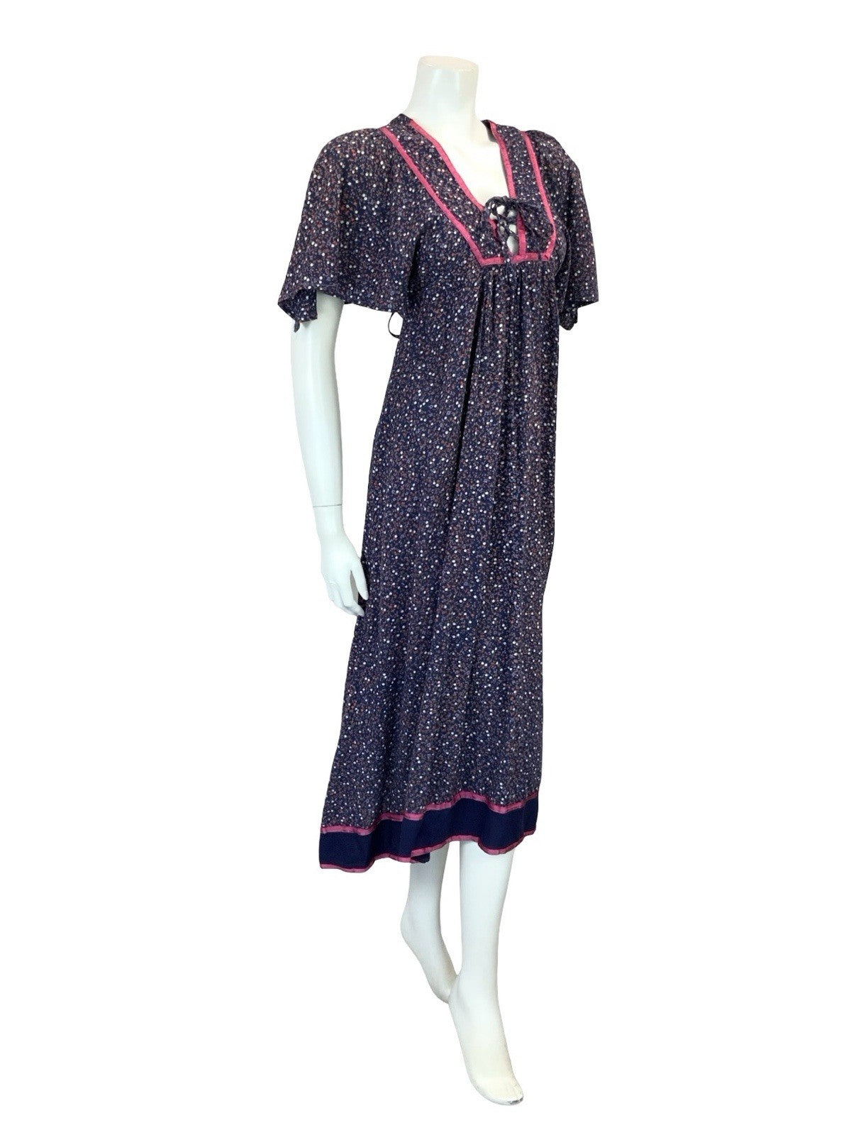 VTG 60S 70S BLUE PINK BROWN FLORAL BOHO FLARED EMPIRE BIB SMOCK DRESS 8