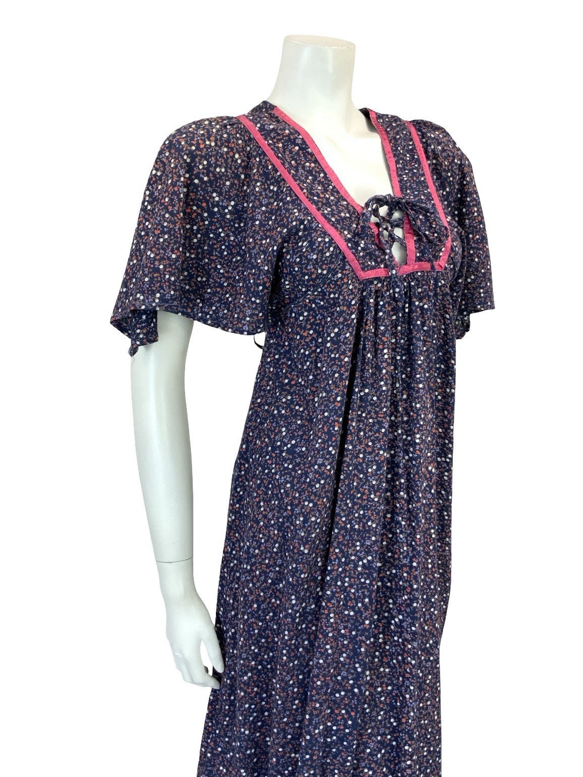 VTG 60S 70S BLUE PINK BROWN FLORAL BOHO FLARED EMPIRE BIB SMOCK DRESS 8