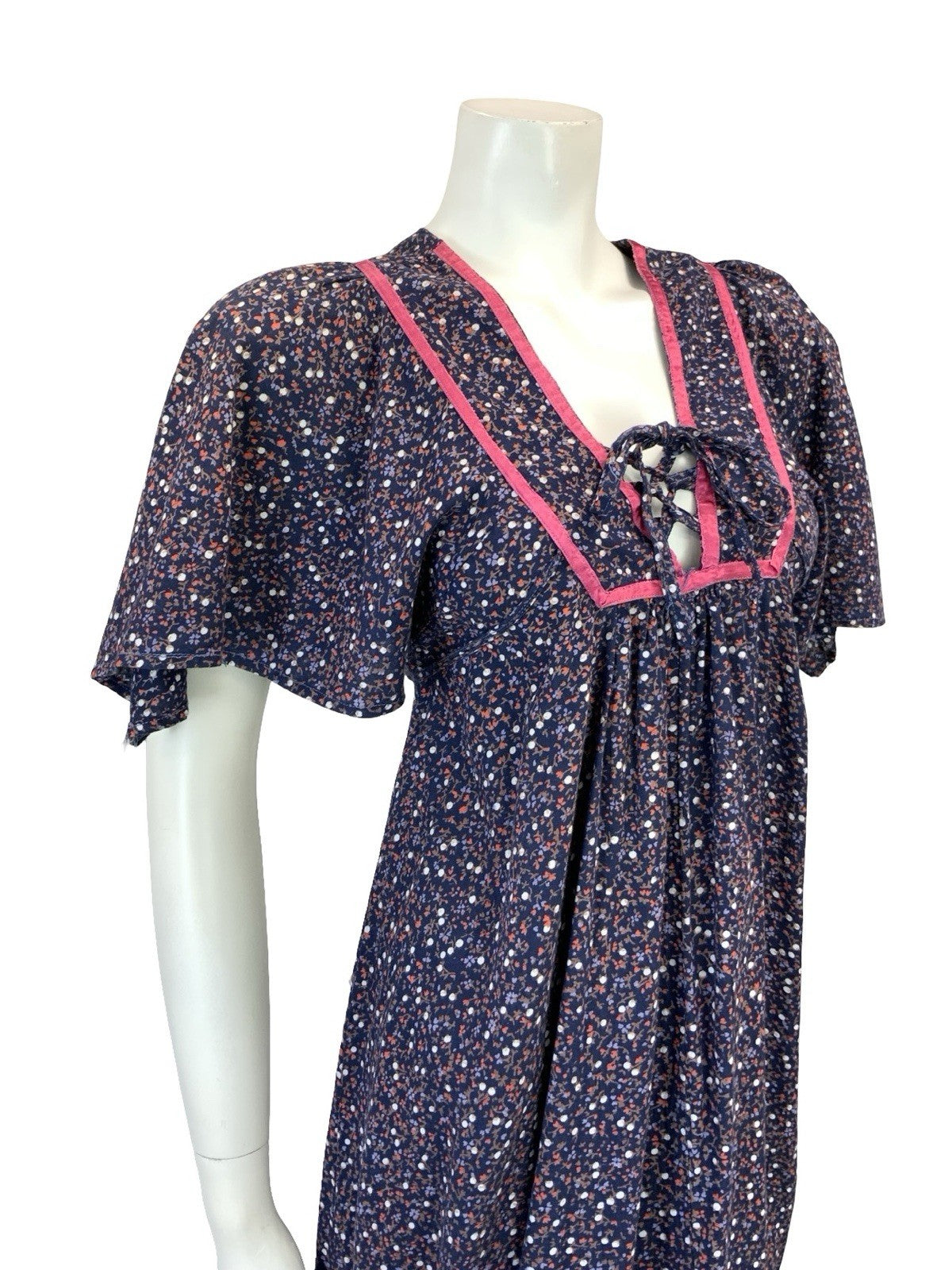 VTG 60S 70S BLUE PINK BROWN FLORAL BOHO FLARED EMPIRE BIB SMOCK DRESS 8