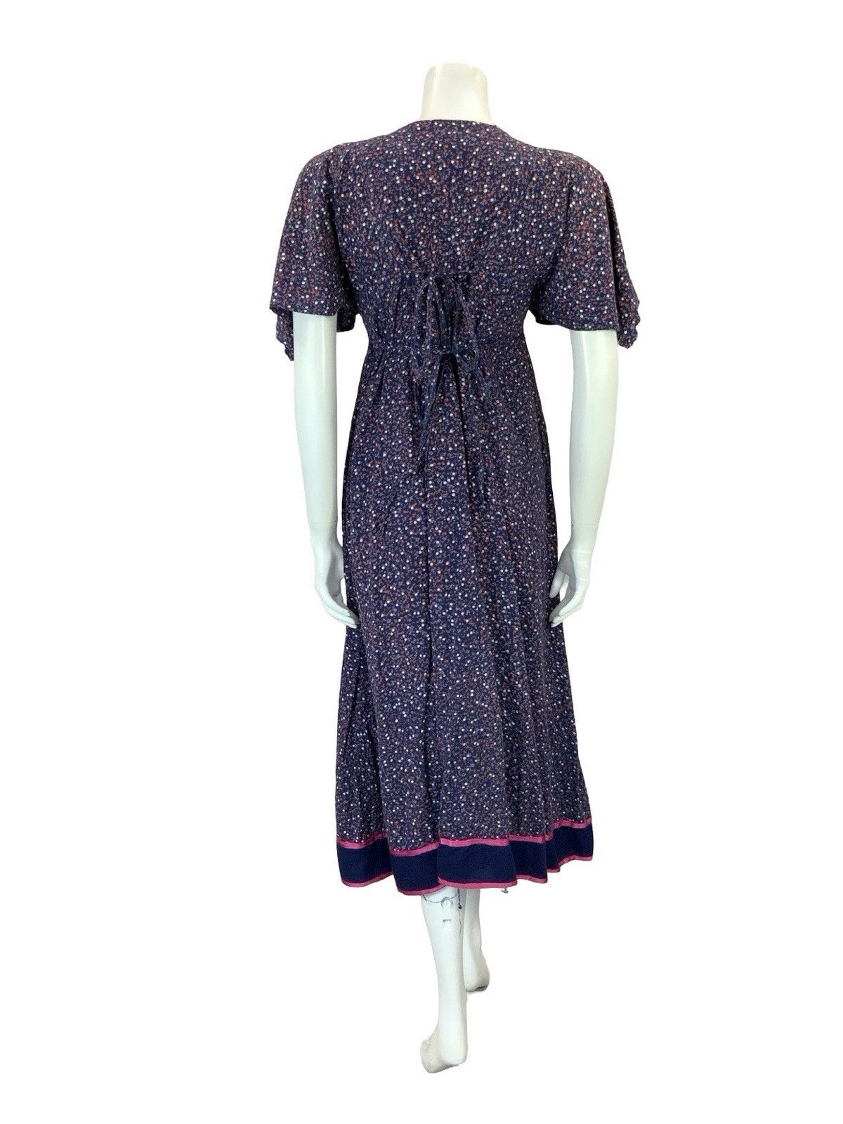 VTG 60S 70S BLUE PINK BROWN FLORAL BOHO FLARED EMPIRE BIB SMOCK DRESS 8